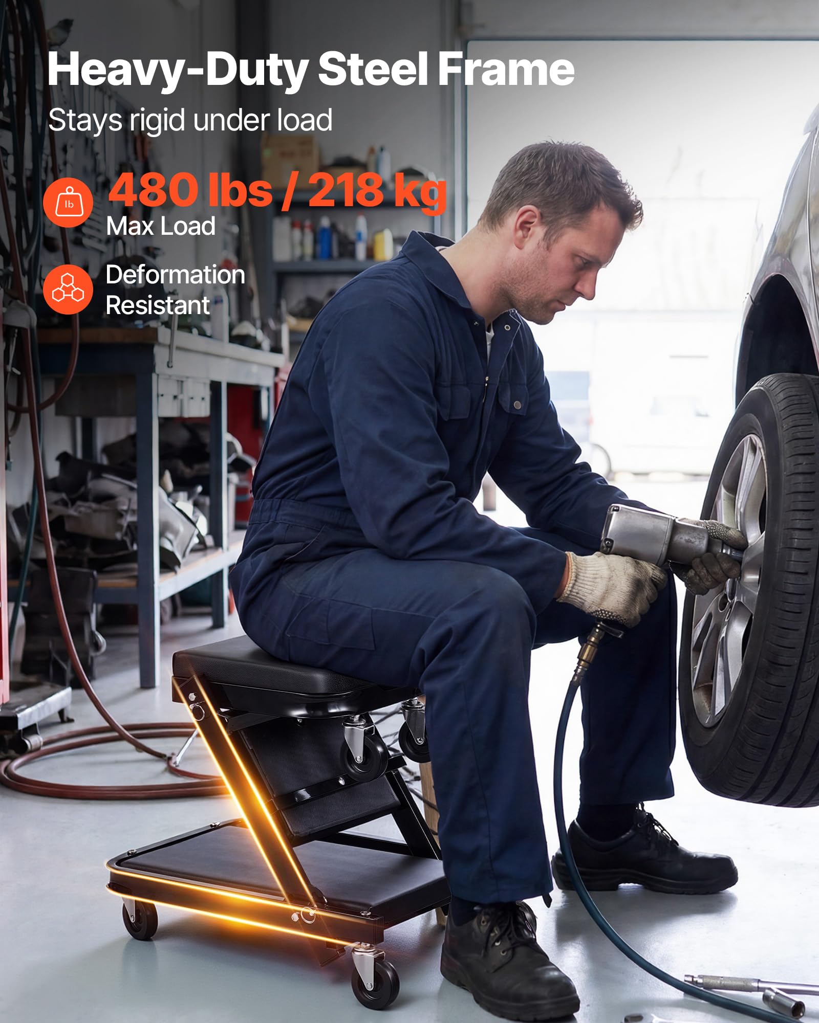 VEVOR Lettino Pieghevole sotto Auto Carico 218 kg con 6 Ruote Piroettanti, Sdraio da Meccanico Pieghevole 1015 mm sotto Veicoli Riparazioni Auto da Officina Garage, Acciaio al Carbonio, Colore Nero
