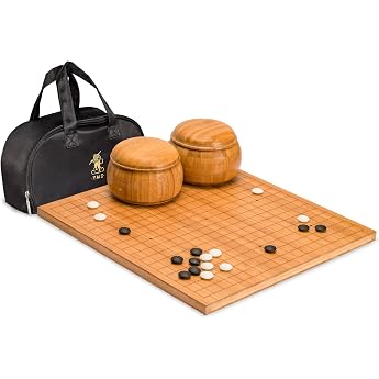 Yellow Mountain Imports Bamboo 2 cm Etched Reversible 19 x 19/13 x 13 Go Game Board Set with 9.2 mm Double Convex Yunzi Stones and Bamboo Wooden Bowl Set