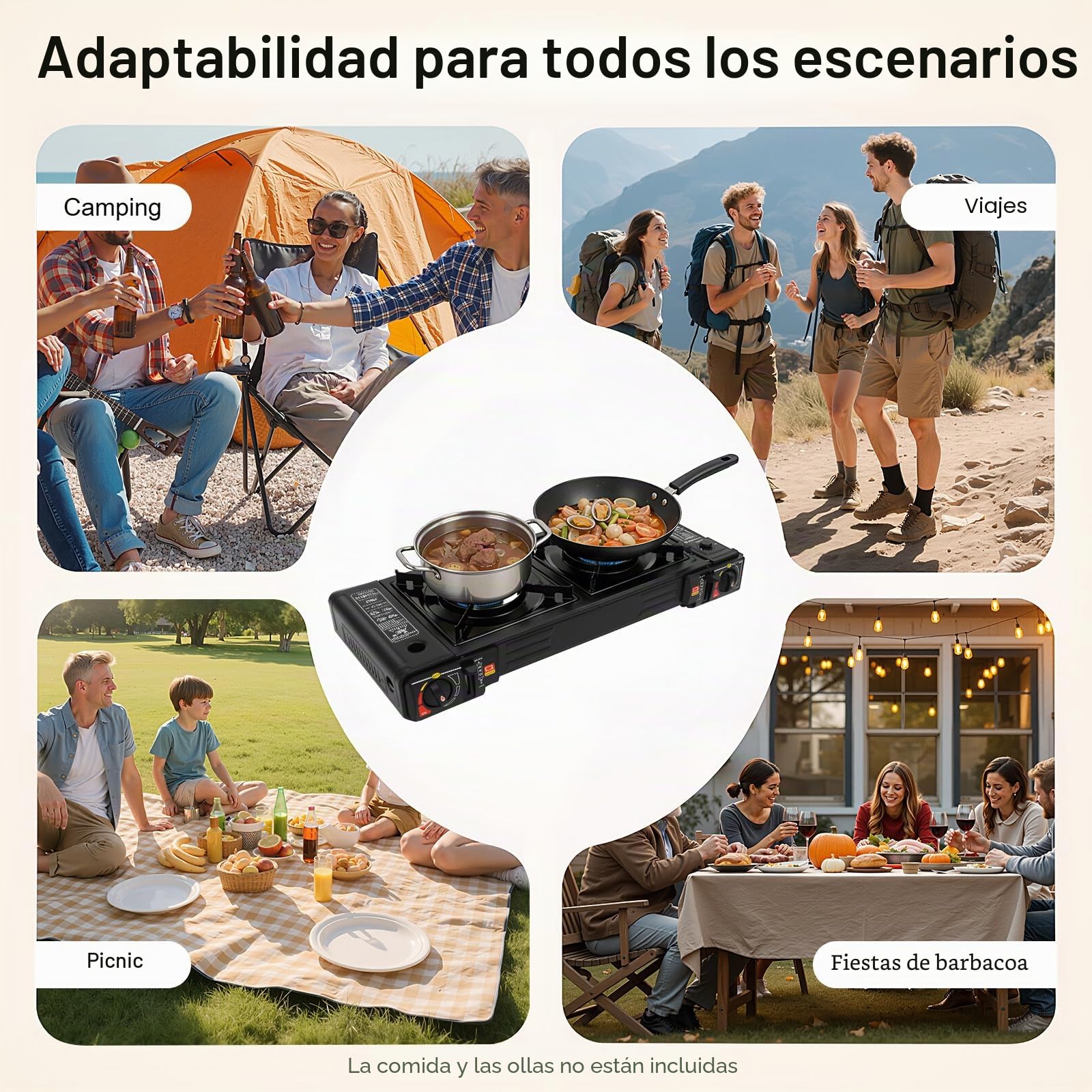 Cocina de gas con 2 llamas,cocina de camping para gas exterior,Hornillos portátiles,cocina de con parrilla,con bandeja de barbacoa y maletín