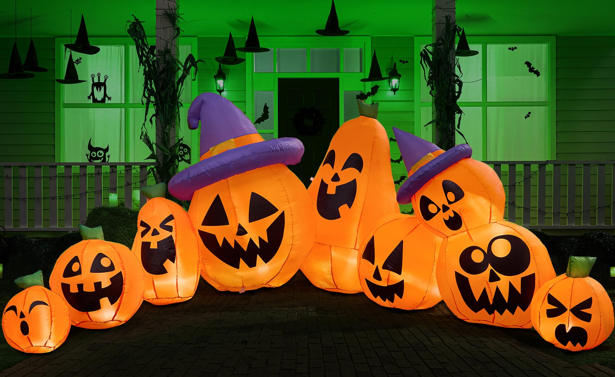 Joiedomi 12.5 FT Halloween Inflatable Pumpkin Outdoor Decorations, Blow Up Yard Decorations with Witch Hat, 9 Pcs Blow Up Pumpkin Inflatable with Built-in LEDs for Halloween Decor