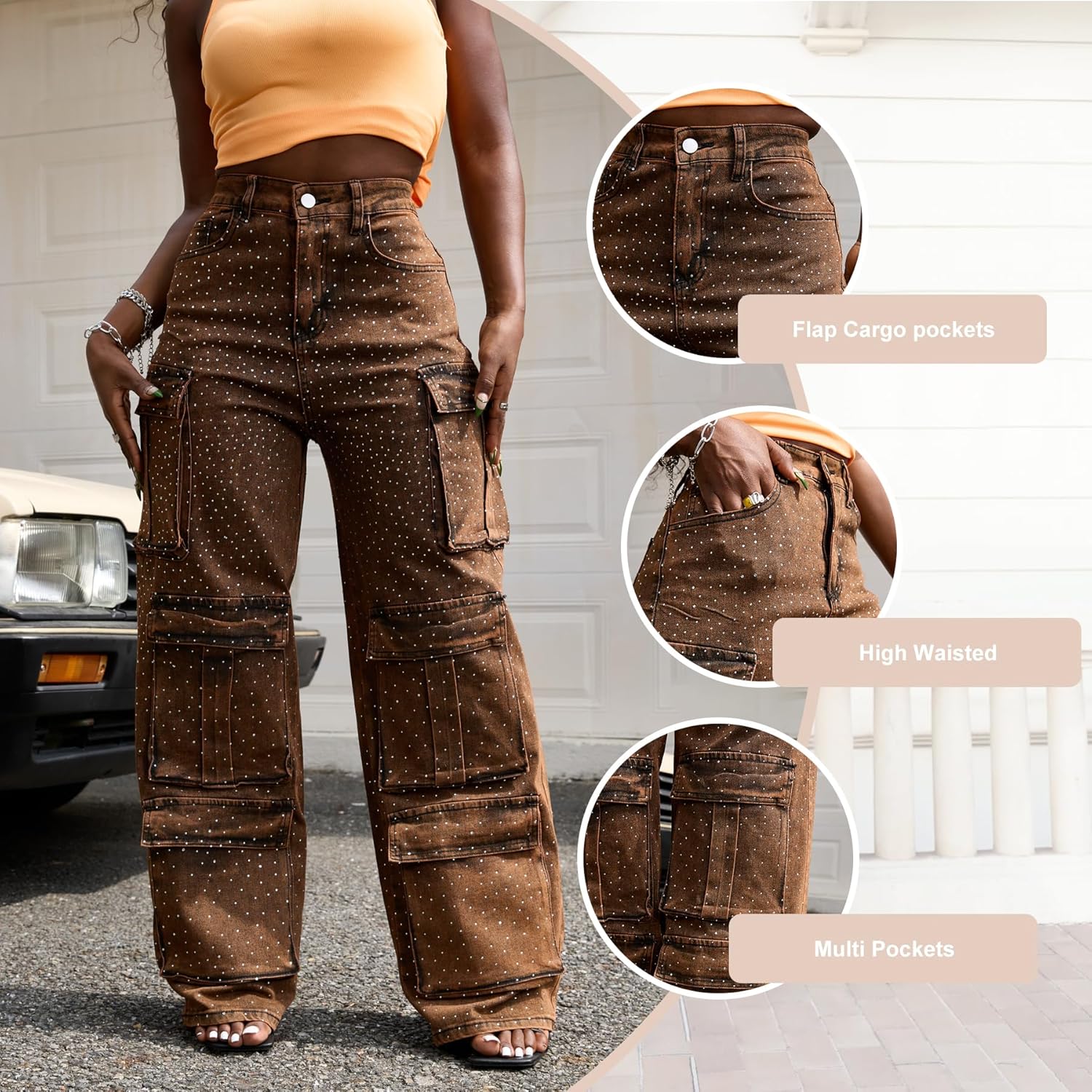 LETSVDO Women's Rhinestone Cargo Jeans Baggy High Waisted Wide Leg Sparkly Denim Pants Stretch Glitter Bling Trousers - Image 5