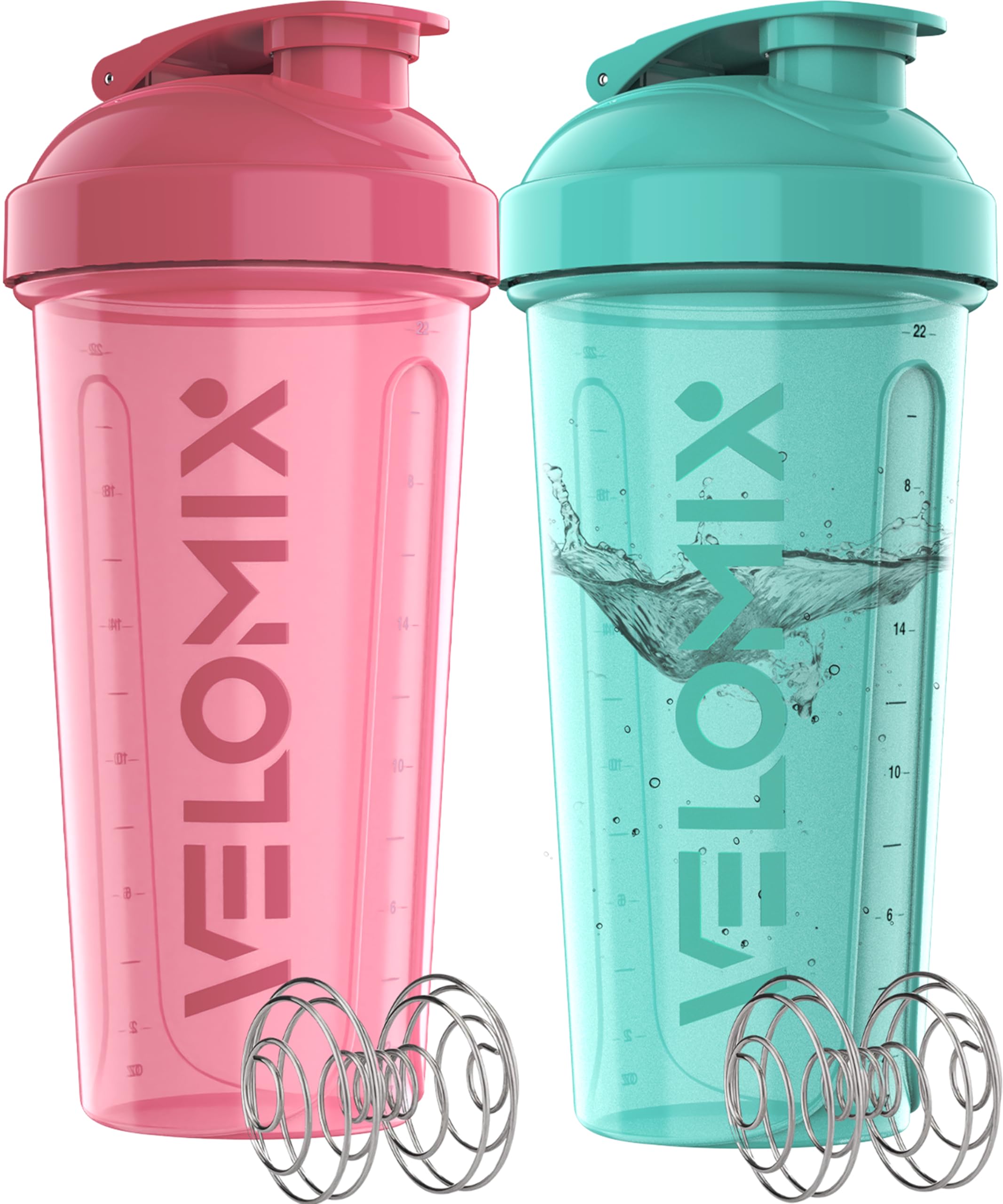 VELOMIX -2 Pack- 28 oz Protein Shaker Bottles for Protein Mixes - 2x Wire Whisk | Leak Proof Shaker Cups for Protein Shakes | Protein Shaker Bottle Pack (Pink/Turquise)