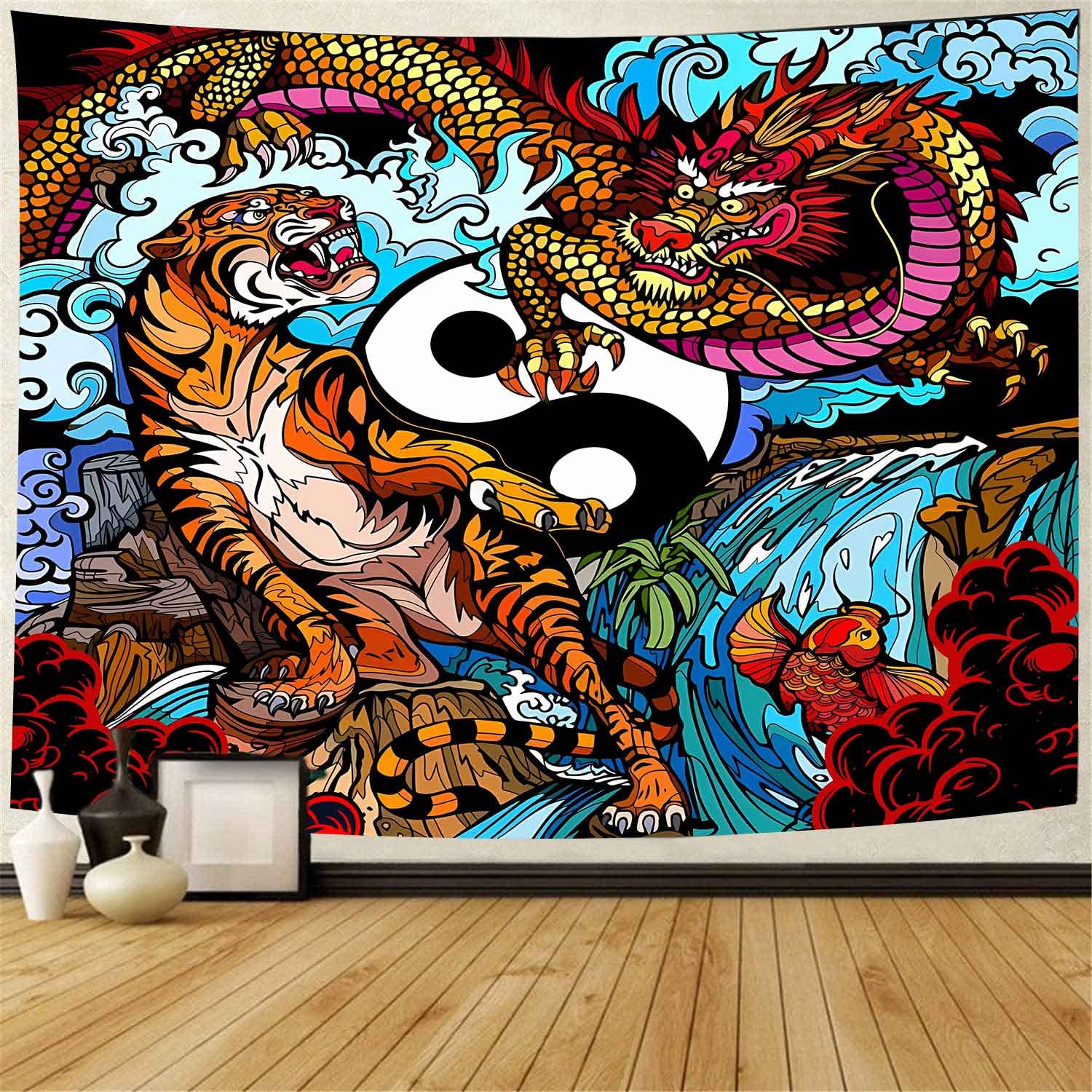 Tapisserie Murale Japonaise Dragon Tigre 203x152cm - Flanelle, Impression HD, Déco Salon Chambre - 9