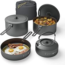 EVOCAMP Camping Cookware Set, 4 Pieces, Made of Aluminium, Lightweight Stackable Camping Tableware with Folding Handles and Carry Bag, Outdoor Cookware for Camping, Travel and Outdoor Kitchen