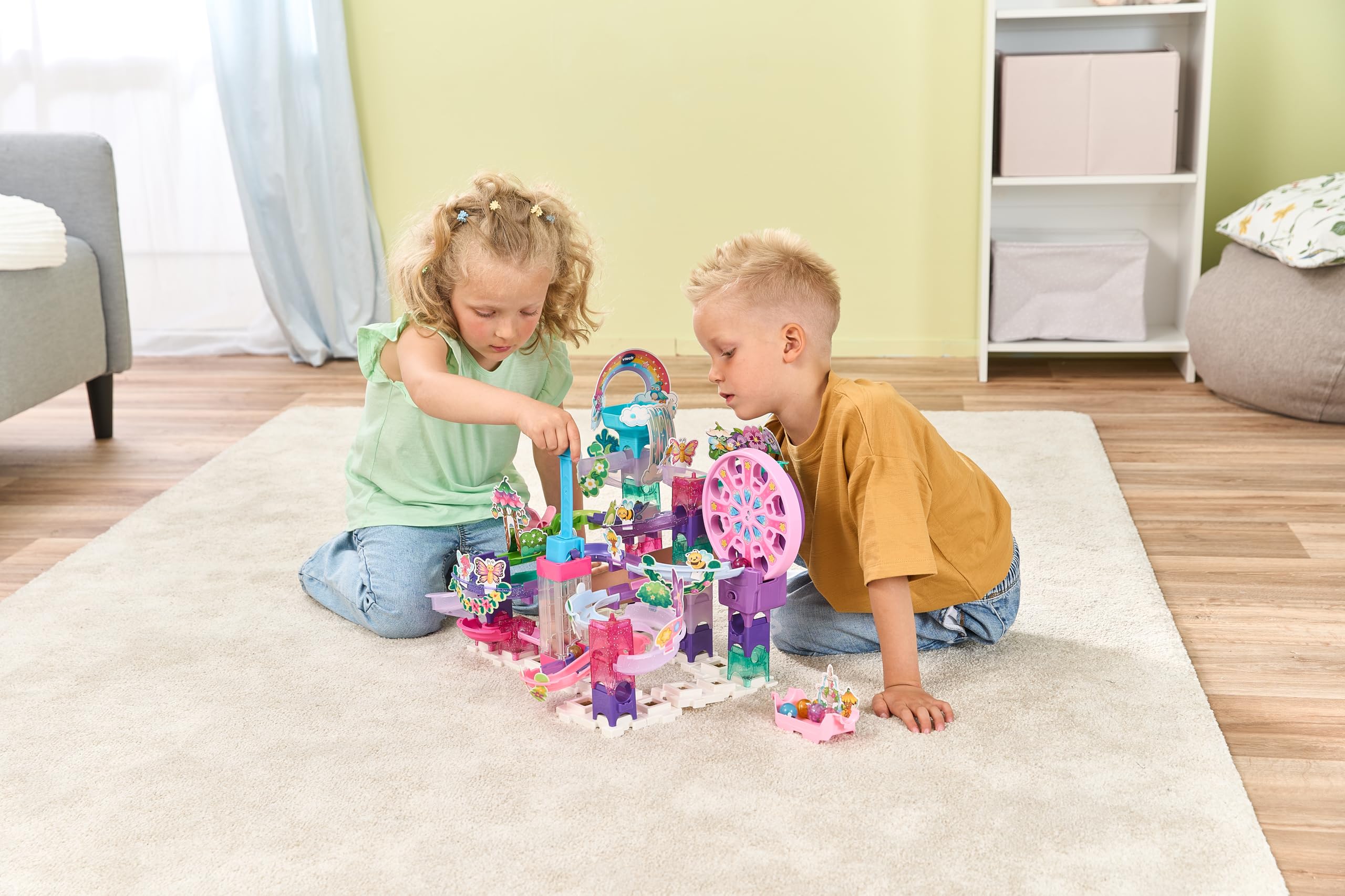 VTech Marble Rush Petal Power, Juego de construcción para niños, 96 Piezas de construcción y 6 canicas, Carrera interactiva de mármol con temática de Flores, Juego imaginativo, Adecuado para 4, 5, 6