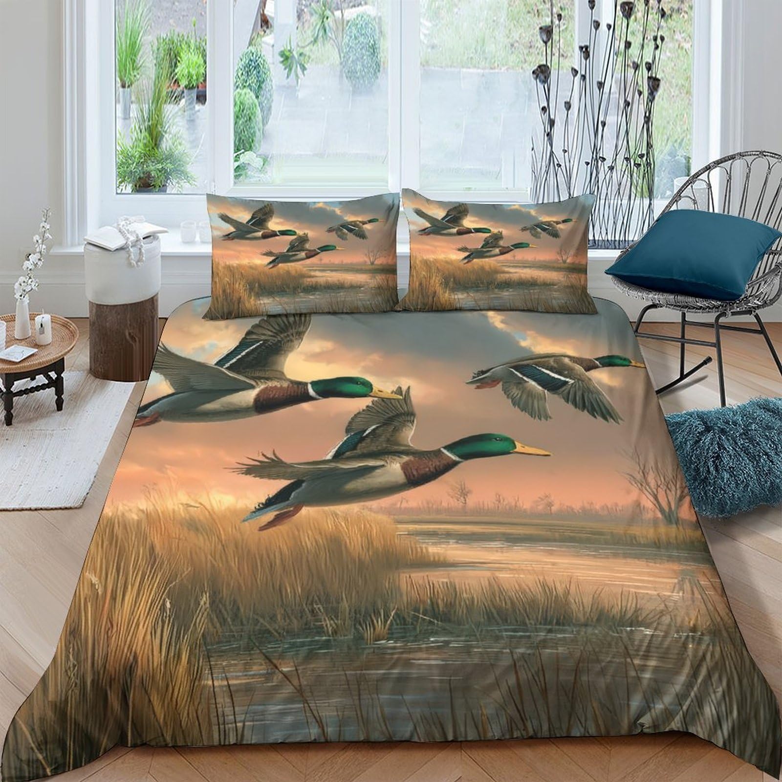 Ctjqhvkz Style-3 3D Printed Flying Duck Fitted Sheet Microfiber Autumn Wetland Bed Cover Anti-Slip Easy Care For Bedroom Guest Room Decor Single（135X200cm）