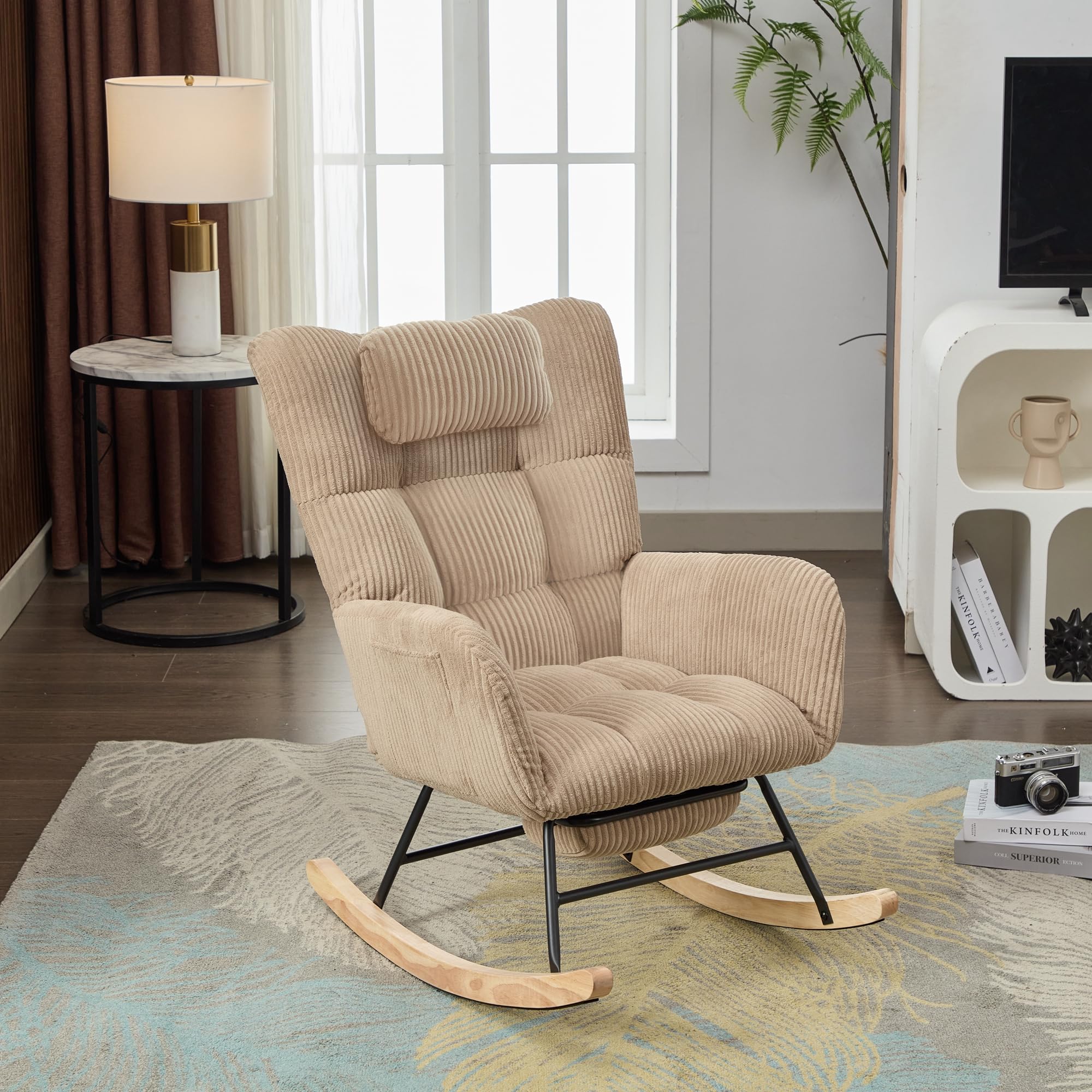 Mecedora marrón moderna tapizada de tela de alta calidad con asiento acolchado, respaldo alto, sillón e invisible, con cojín cervical