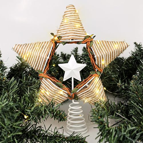 Lotus Hills Rustic Christmas Star Tree Topper, 8.3" Christmas Tree Star Topper with Rattan, Vintage Boho White Gold Tree Topper Lighted, Battery