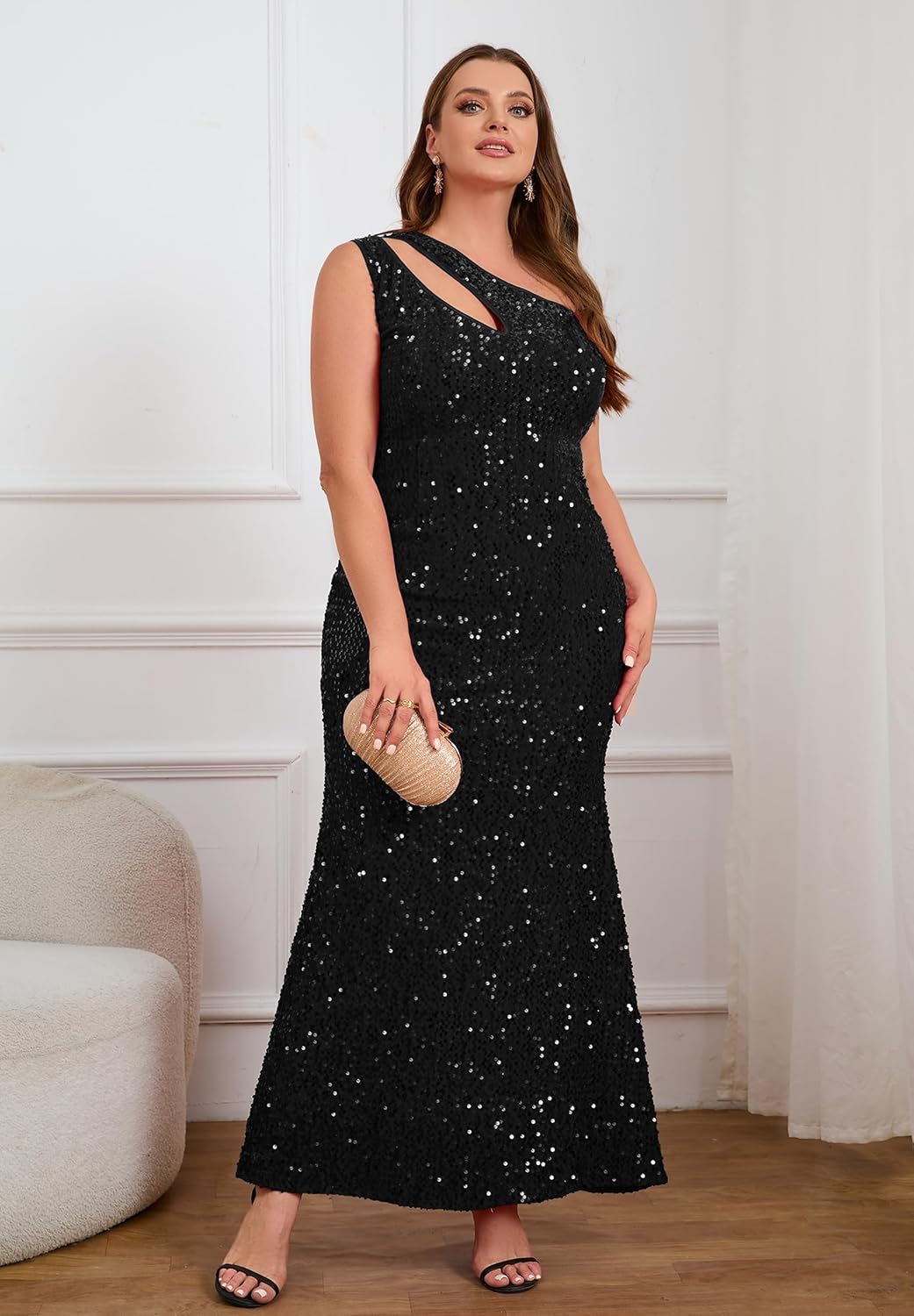 VERWIN Plus Size Sequins Fashion Sleeveless Oblique Collar Mermaid Women's Maxi Dress Evening Dress Party Dress Bodycon Dress - Image 7