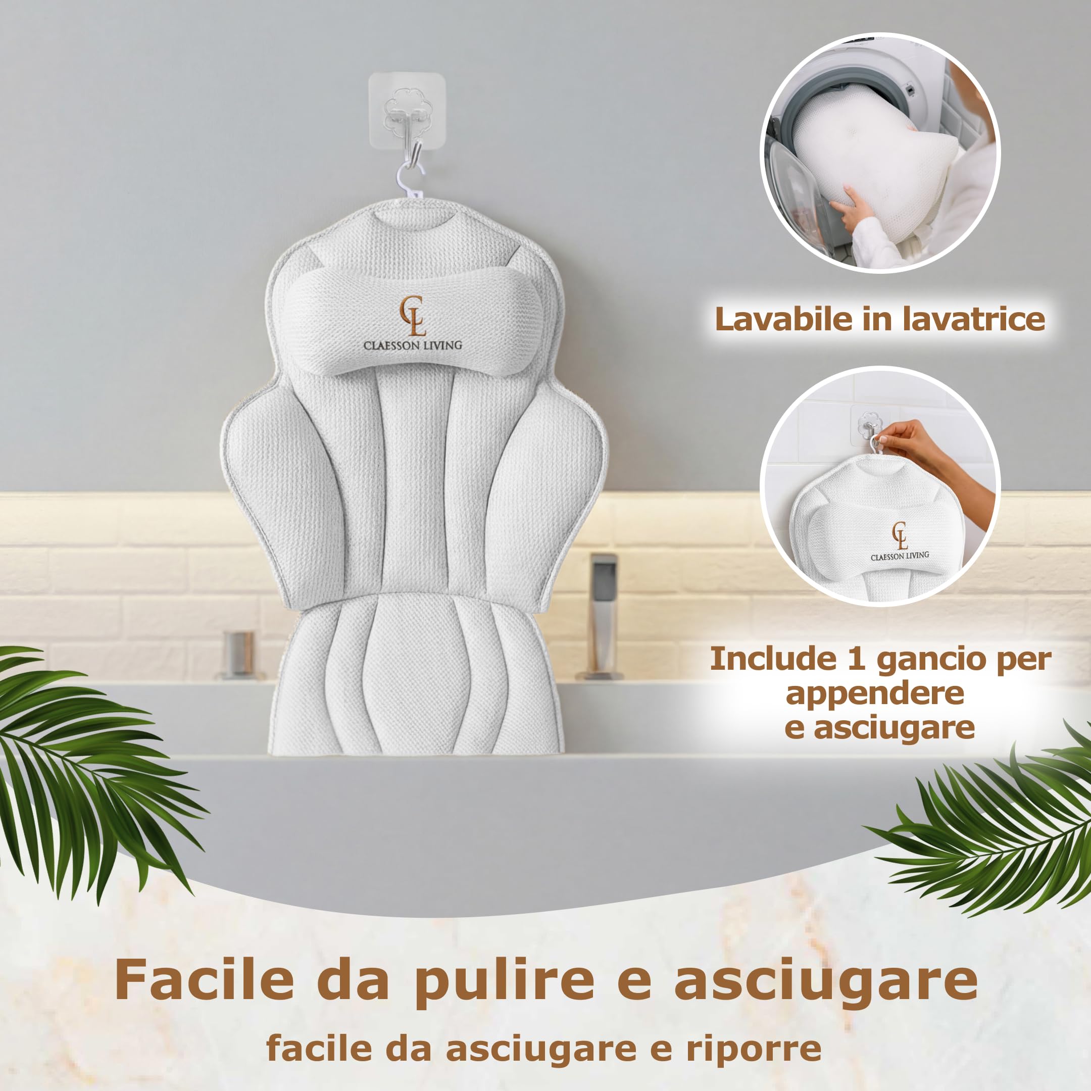 Cuscino Vasca da Bagno per Tutto il Corpo (152x56cm) – Cuscino Bagno con ventose e Poggiatesta (11cm); Supporta Collo, Schiena e Gambe – Incl. borse Lavaggio/Viaggio e Gancio Asciugatura – Bianco