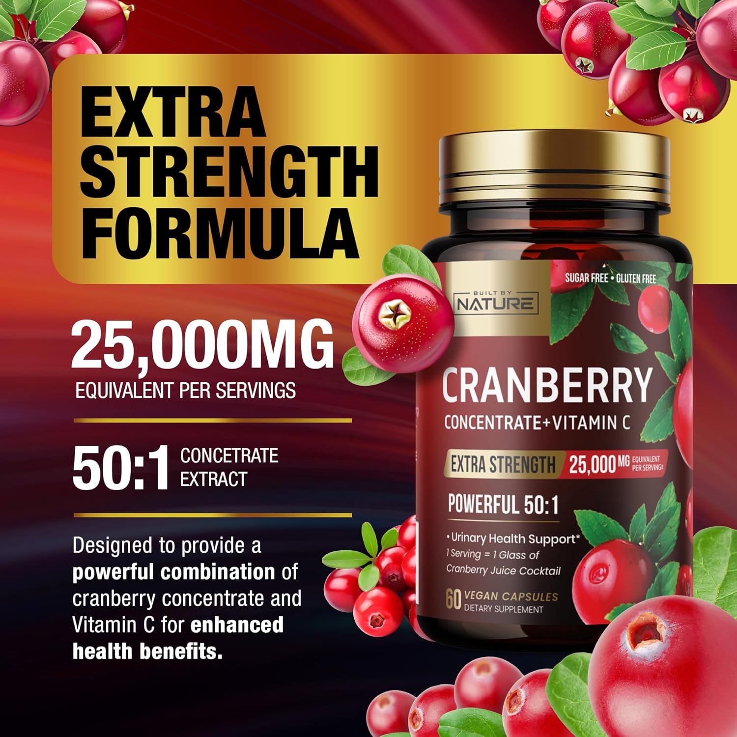 Built by Nature Cranberry Pills 25,000mg - Extra Strength 50:1 Concentrate Extract with Vitamin C - Urinary Tract Health Supplement for Women - Non-GMO, Sugar Free, Vegan - 60 Capsules - Image 2