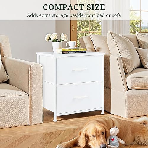 Miniatura 5 de Mesita de noche, pequeña cómoda de 2 cajones mesa auxiliar muebles de cabecera, contenedores de tela con superficie de madera para dormitorio,