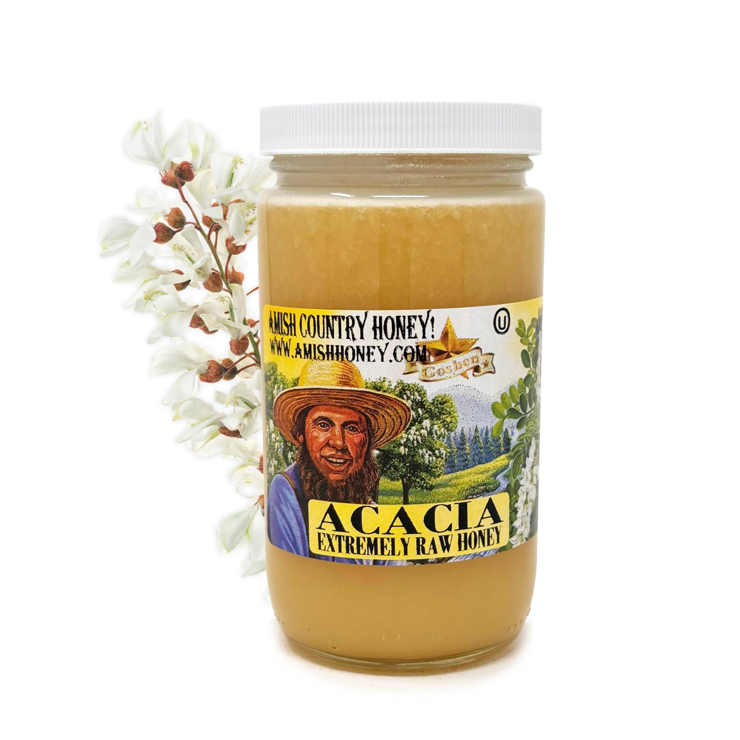 Goshen Amish Country Extremely Raw Acacia Honey - Unfiltered, Unprocessed, Pure & Natural - Harvested in the USA - Rich Flavor for Tea, Cooking,