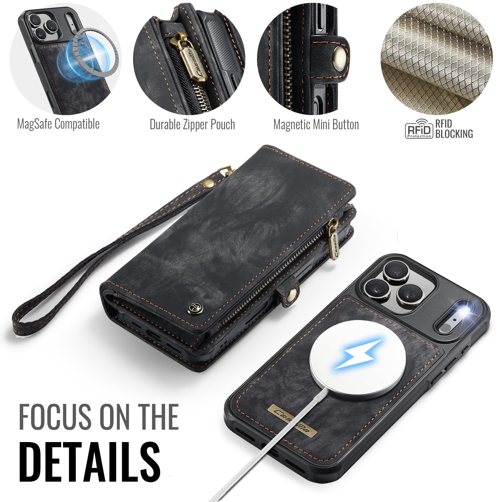 Etui portfelowe na iPhone'a 17 Pro, z 8 przegródkami na karty, magnetyczne zamknięcie, kieszeń na zamek błyskawiczny, odpinane magnetyczne etui 2 w 1, wysokiej jakości skóra PU, z paskiem na