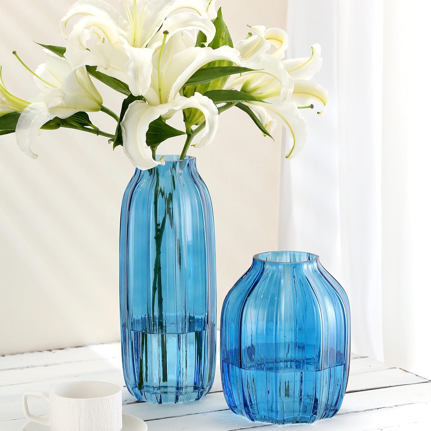Blue Glass Vase for Flowers Bud Tall Glass Vases,H-8.0" Simple Striped Design for Home Floor Decor,Farmhouse Decor, Centerpiece Coffee Table Decorations (Blue 8.0IN) - Image 5