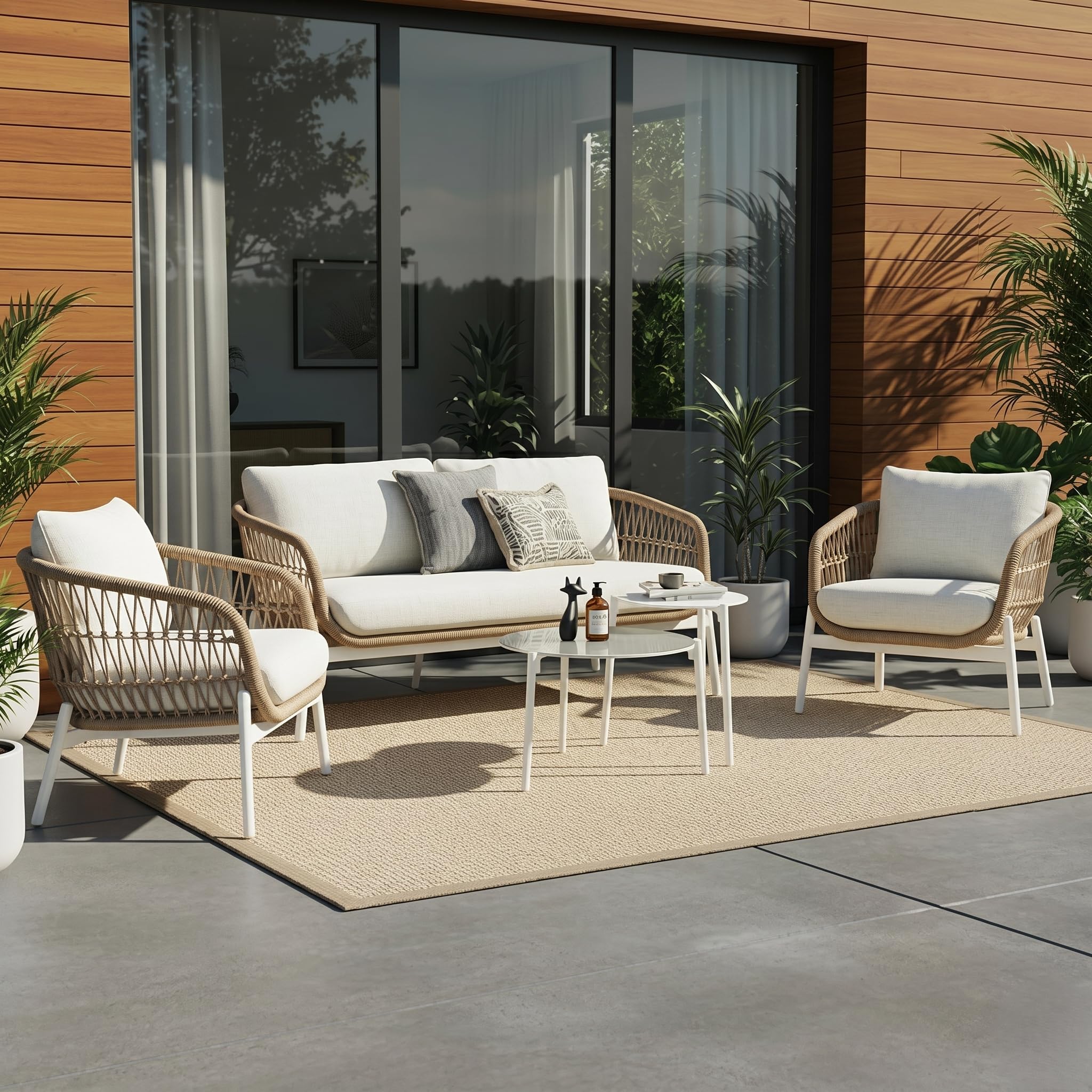 LOCCUS Outdoor 4 Seater Sofa Set | Balcony & Garden Rope Furniture Set with Cushions and Center Table | All-Weather Patio Conversation Set for Lawn, Terrace, Poolside, Backyard (Beige, 220 cm × 70 cm)-image-33