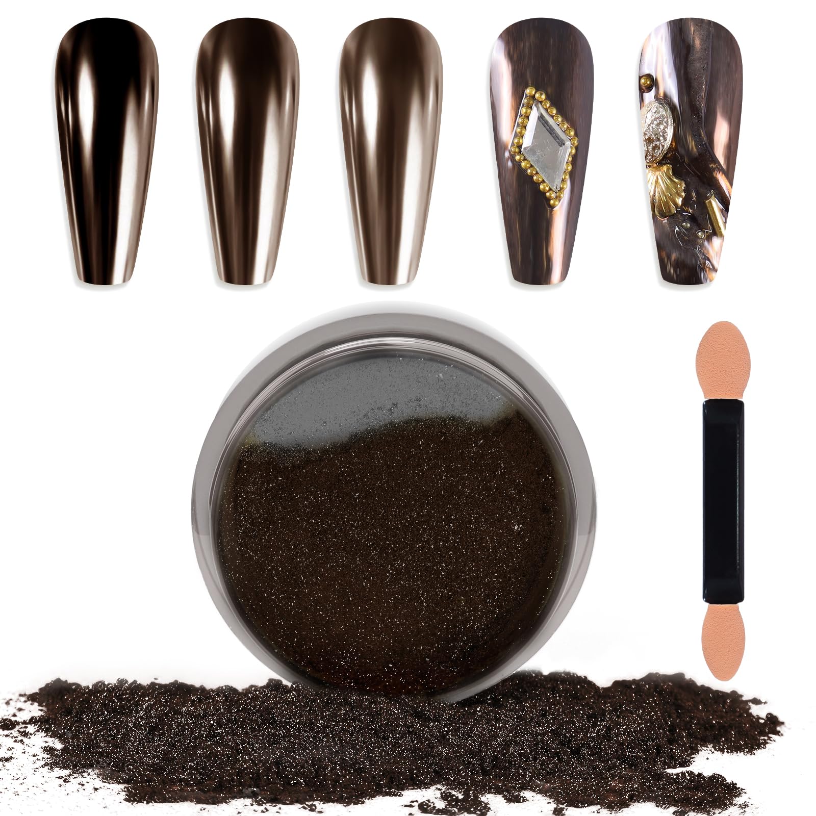 Laza Chrome Nail Powder, Metallic Mirror Effect Pigment, Deep Brown