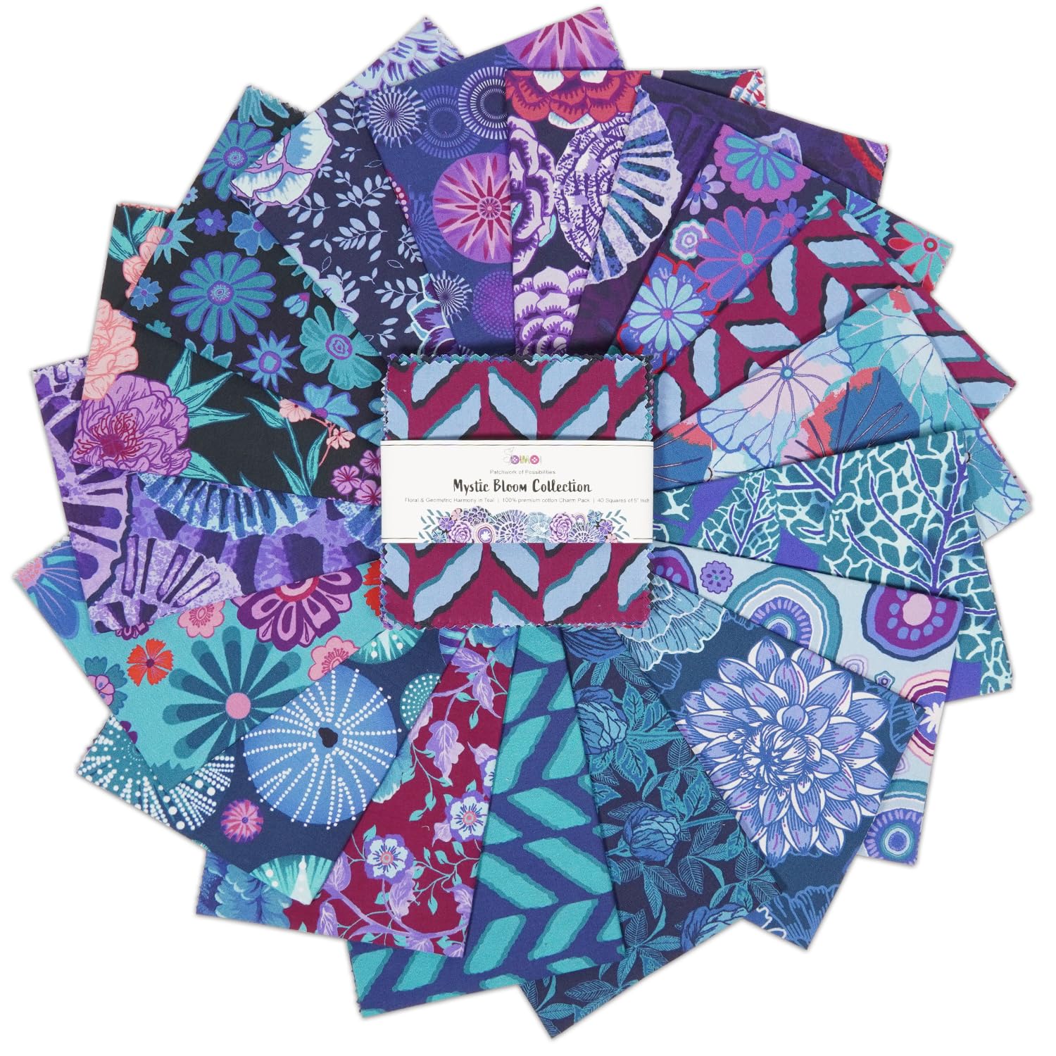 Soimoi 40 Pcs Cotton Fabric Squares Bundles Charm Packs for Quilting, Fat Quarter Layer Cakes, Precuts Quilt Squares 5 x 5 inches, DIY Fabric Bundle- Mystic Bloom Collection