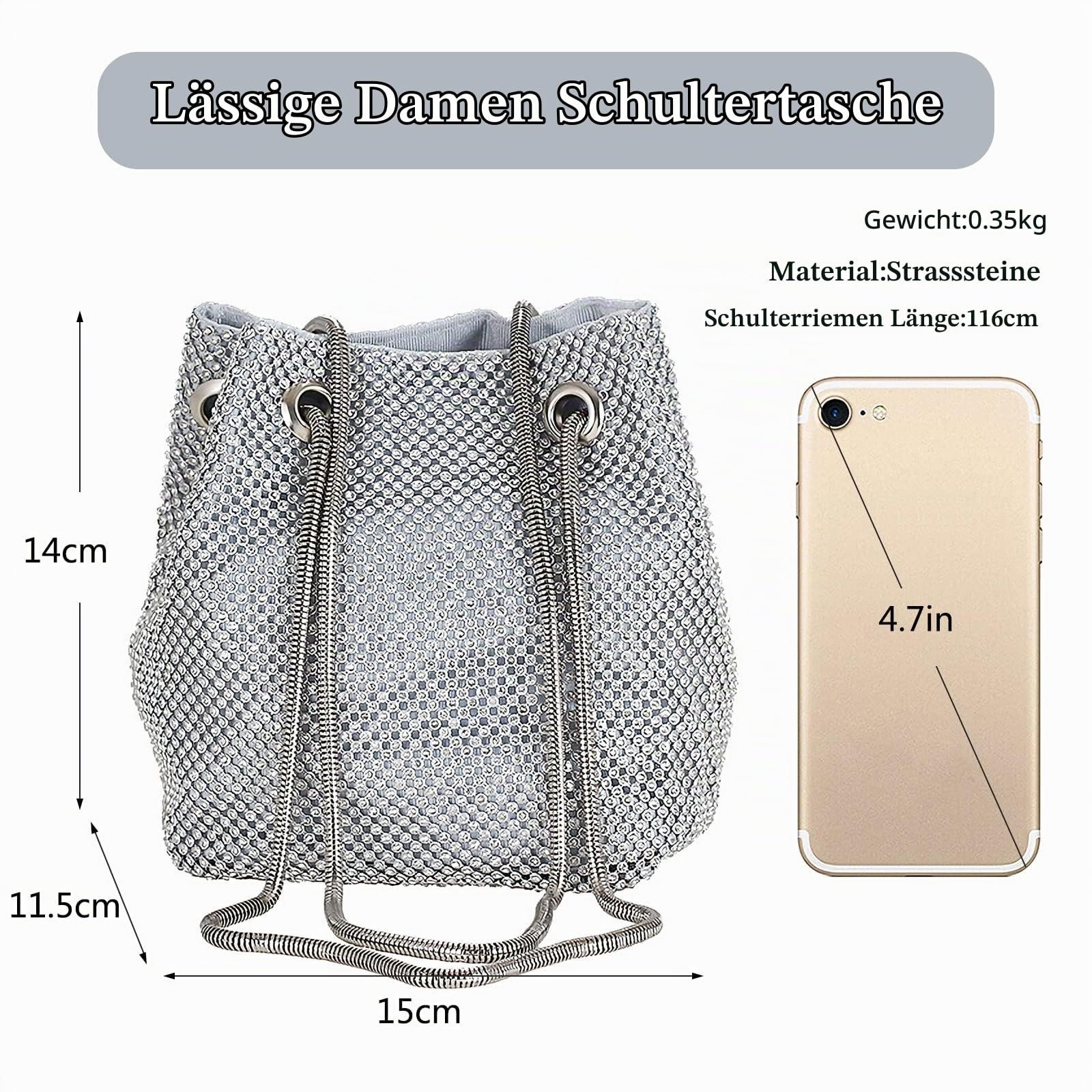CORIOS Damen Abendtasche Shiny Strass Handtasche Strasssteine Bucket Bag Diamant Clutch Bag Glitzer Umhängetasche Klein Tasche Schultertasche für Hochzeit Bankett-Party Abschlussball Silber