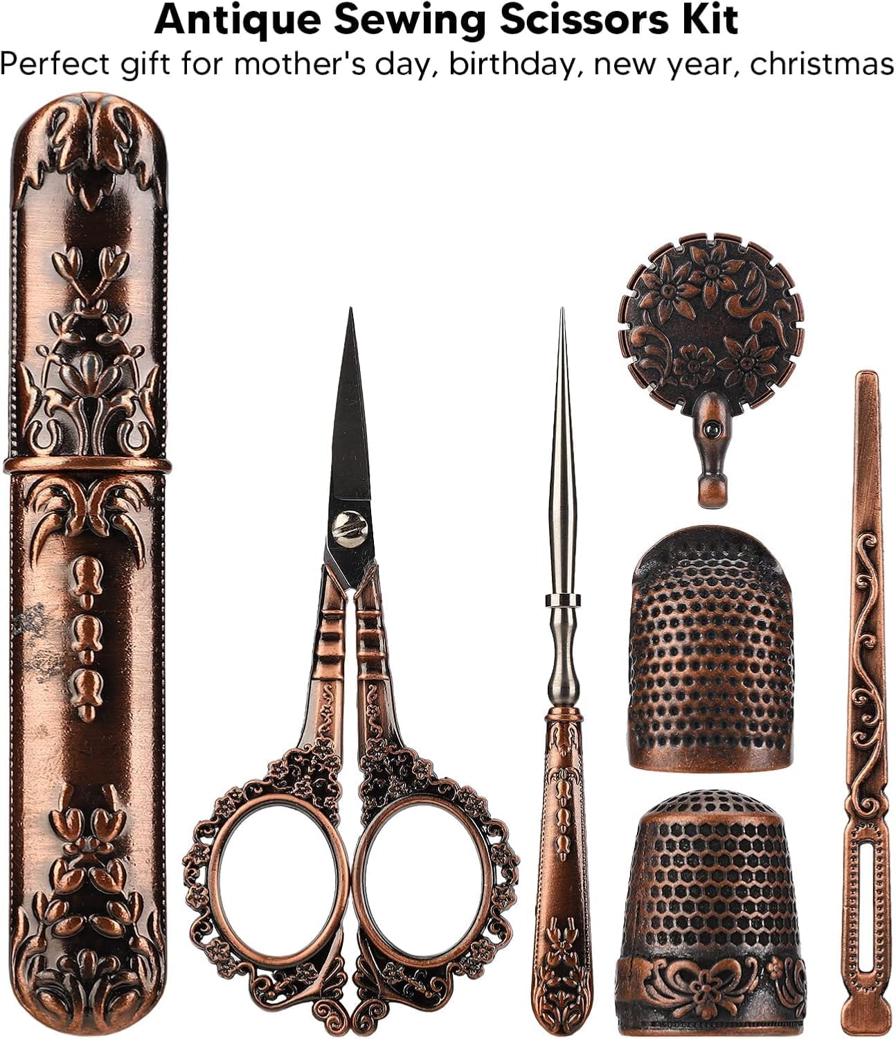 Tnfeeon Vintage Embroidery Scissors Set, Wooden European Stainless Steel Sewing Tools Kit with Thimbles, Needles, Thread Cutter for Embroidery, Needlework (Bronze)