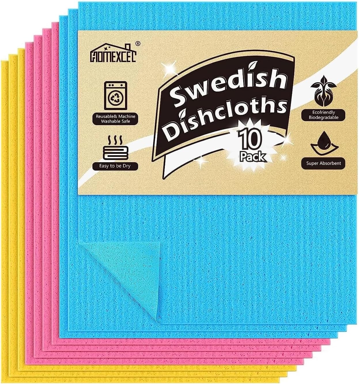 10 Pack Swedish Dish Clothes, Reusable Sponge Cloth, for Kitchen, Counters Washing Dishes, Highly Absorbent,3 Colors Assorted