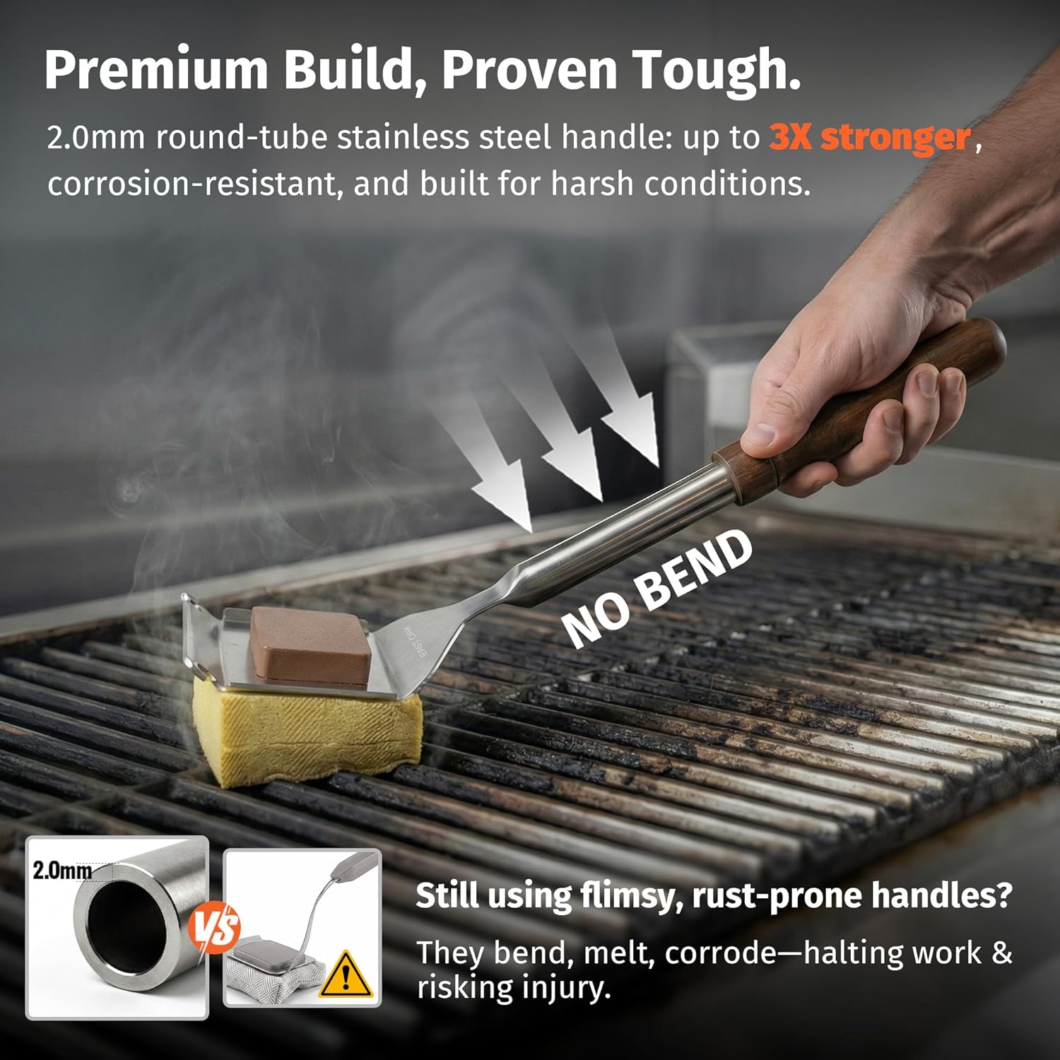 East Oak Bristle-Free Grill Brush, 2mm Thick Stainless Steel Rod, Heat-Resistant Aramid Sponge Head (900°F), Steam Cleaning Brush with Scraper, Safe for Cast Iron & Stainless Steel Grates