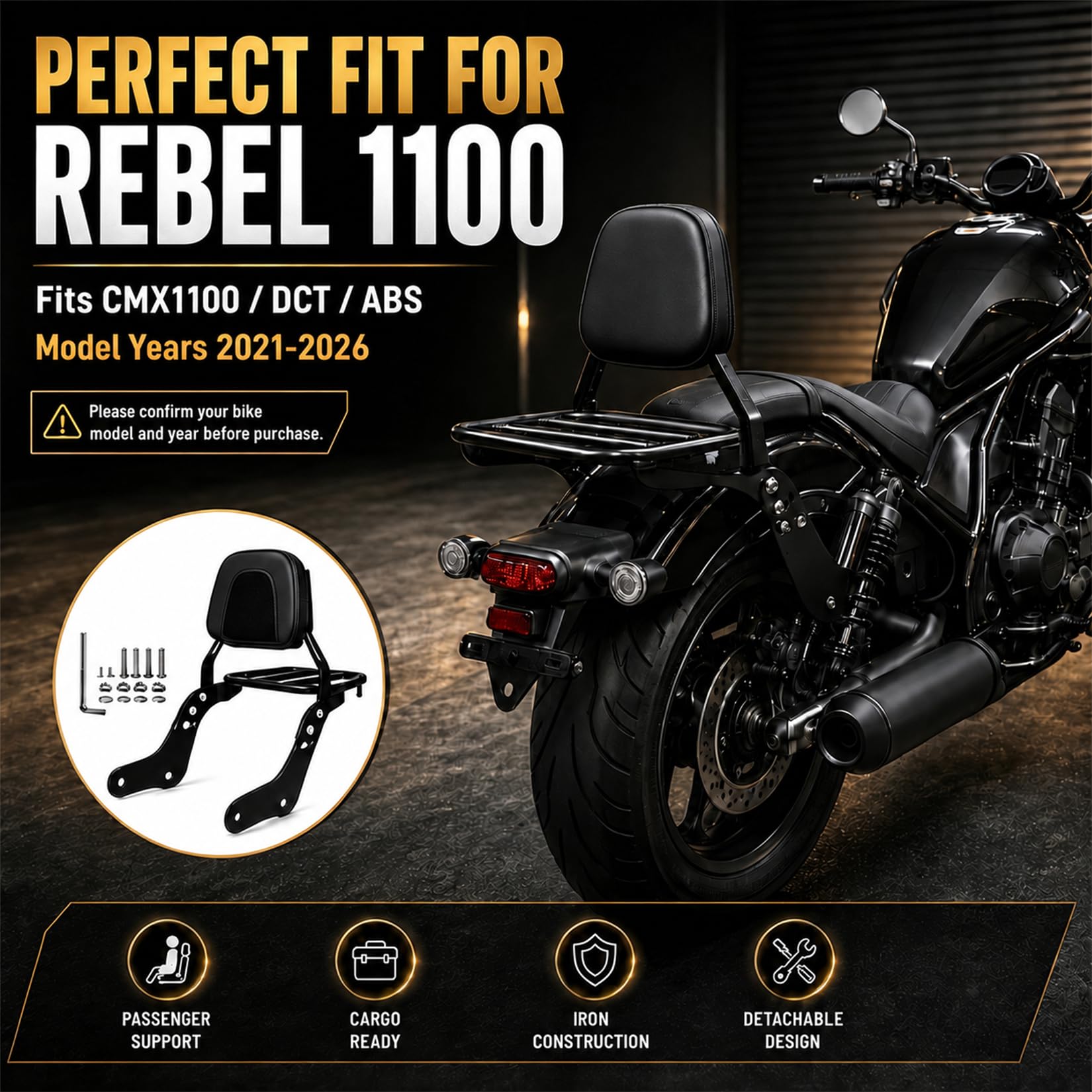 Coussin de Siège de Dossier Arrière de Moto avec Porte-Bagages pour Rebel CMX1100 CMX1100T DCT 2021-2025, PSLER Dossier Passager Sissy Bar avec Support de Chargement Moto Accessoires
