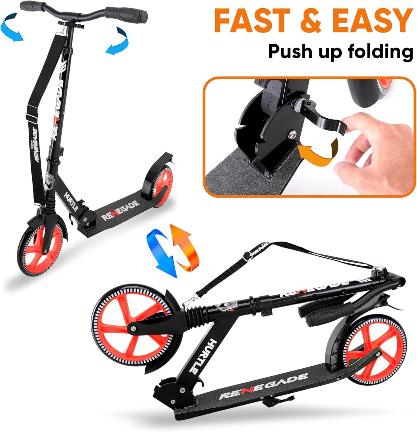 Hurtle Renegade Kick Scooter for Kids, Teenagers & Adults - 2-Wheel Folding Scooter with Adjustable T-Bar Handlebar - Alloy Anti-Slip Deck