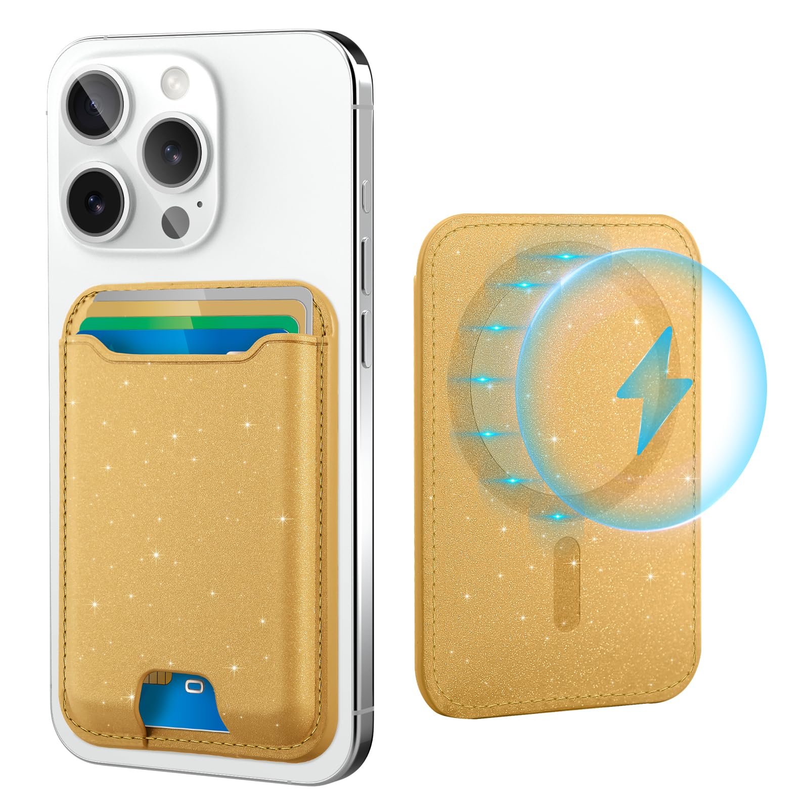 TopMade for Magsafe Wallet, Sparkle Magnetic Card Holder for iPhone 17, 16, 15, 14, 13, 12 Series, Leather RFID Blocking, Fit 4 Cards, Glitter Yellow