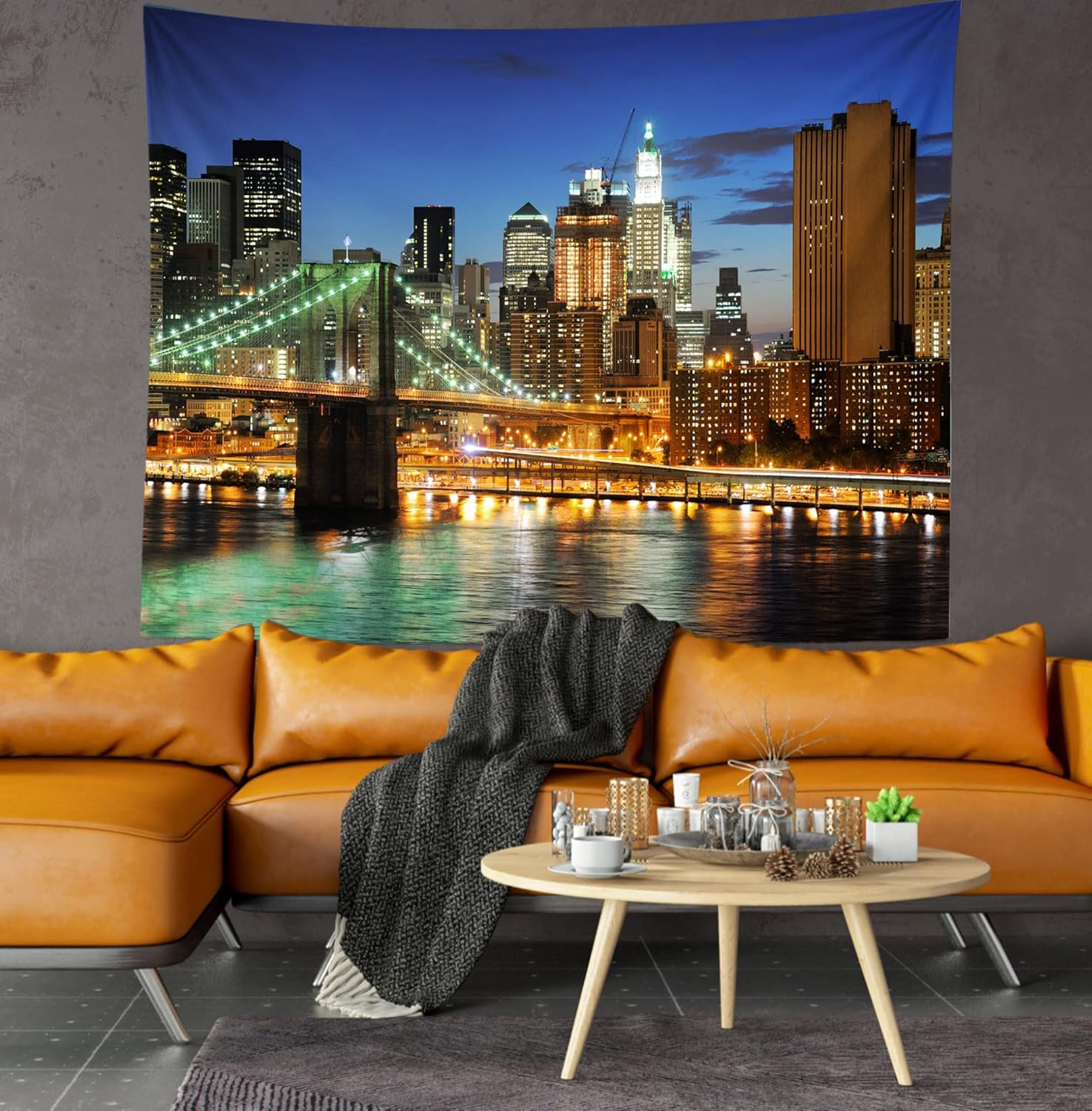 Loccor New York City Tapestry 120" x 80" Extra Large Brooklyn Bridge Manhattan Night Skyline Hudson River Wall Tapestry NYC Urban Skyscraper American Wall Hanging for Bedroom Living Room Home Decor