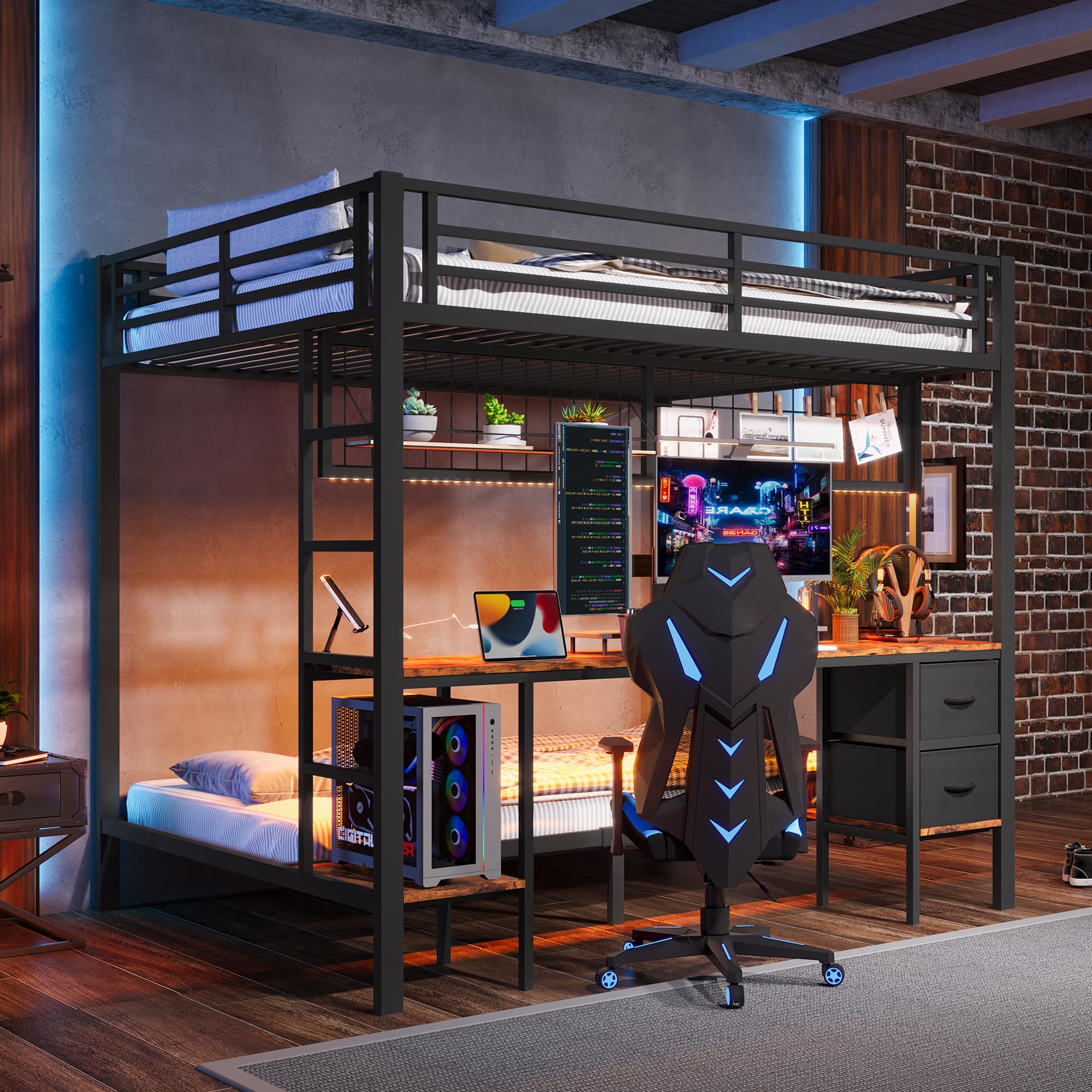 Cama alta con escritorio de 90 x 200 y 140 x 200 cm, litera con iluminación LED, conexiones USB, 2 cajones, estantes y estantes para colgar, estructura de cama de metal, sin colchón (negro)