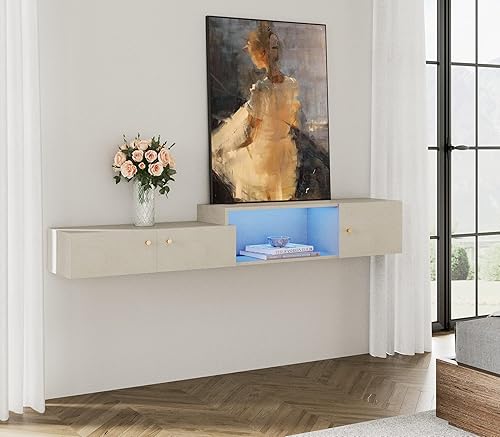 Miniatura 9 de WAMPAT Soporte de TV flotante con estación de carga, centro de entretenimiento montado en la pared con luz azul con almacenamiento, centro de