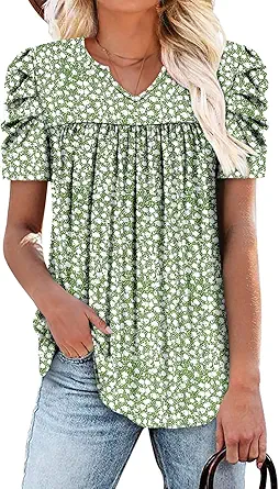 KISSMODA Tops for Womens Summer Cute Short Sleeve Shirts Trendy Notched Neck Blouses Casual Loose Pleated Tunics S-3Xl