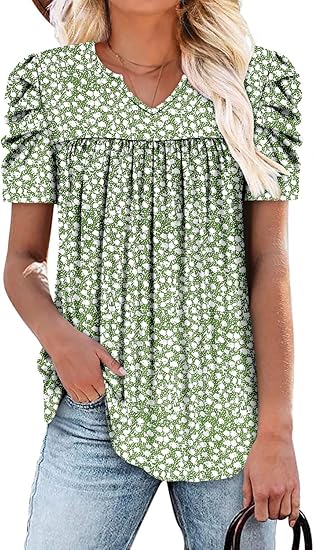 KISSMODA Tops for Womens Summer Cute Short Sleeve Shirts Trendy Notched Neck Blouses Casual Loose Pleated Tunics S-3Xl