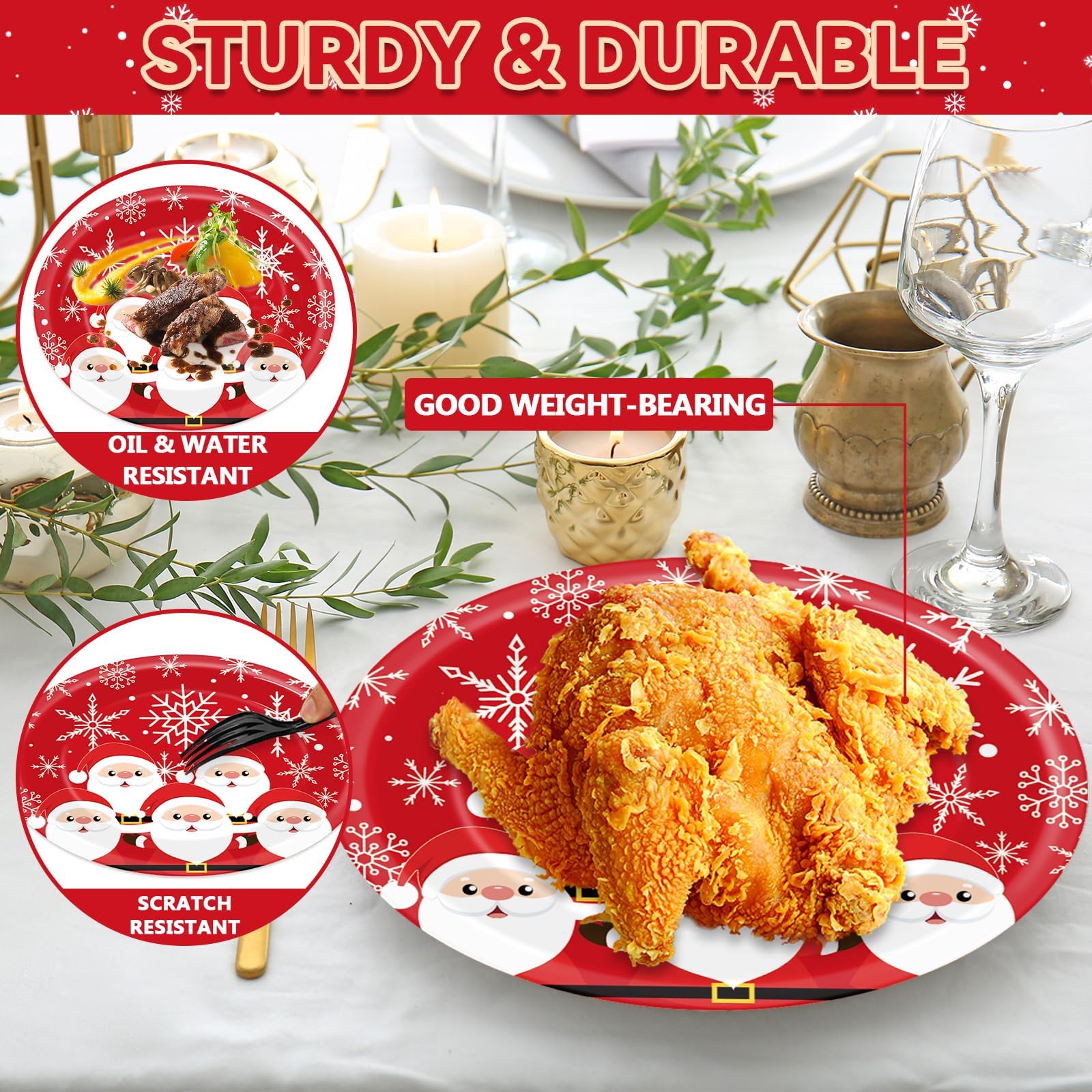 Lonfliness 50 platos de papel ovalados de Navidad, suministros de fiesta de Navidad, Papá Noel, copo de nieve, juego de vajilla de invierno, vacaciones, cena, postre, decoración para niños y niñas