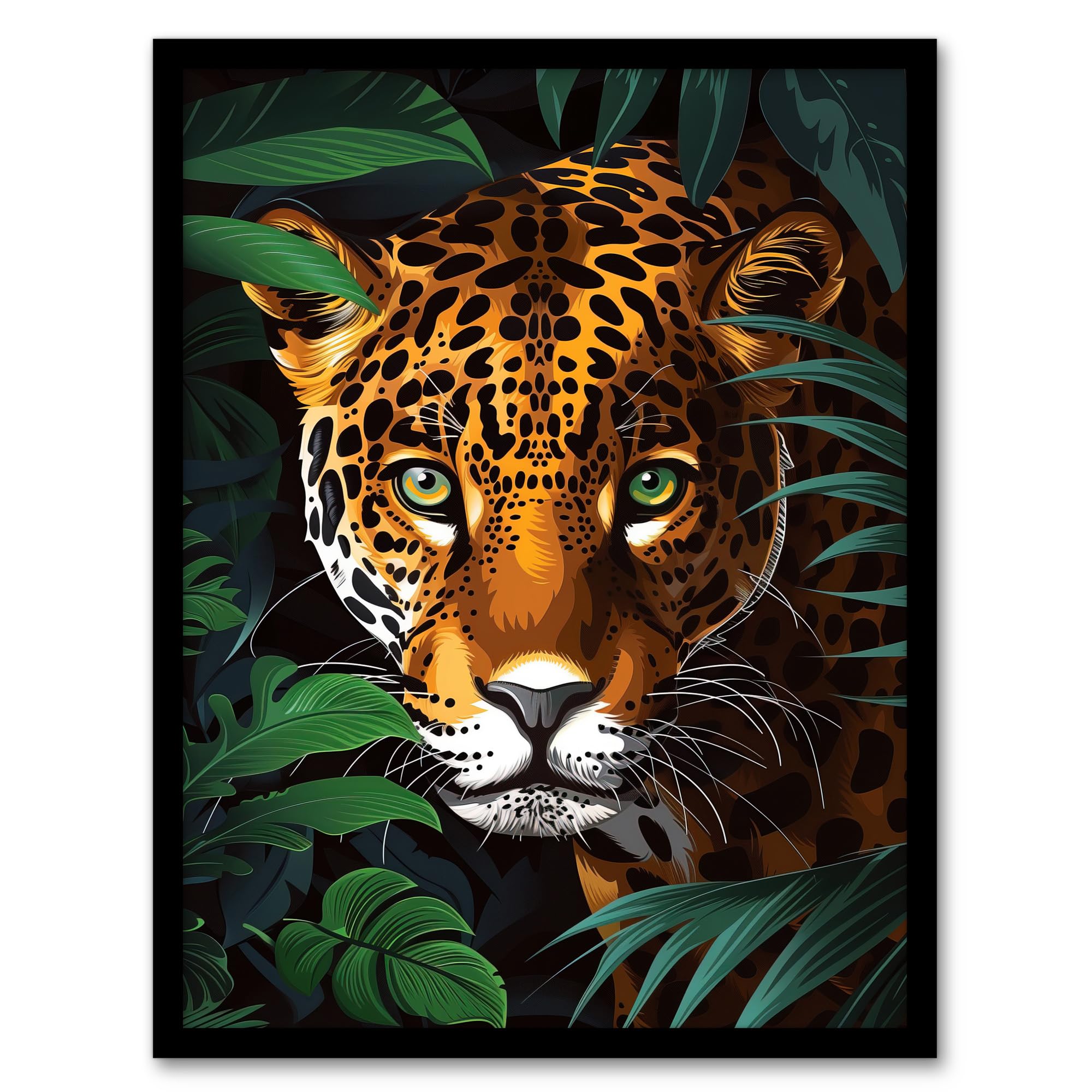 Artery8 Powerful Jaguar Lurking In Jungle Plants Painting Living Room Artwork Framed Wall Art Print A4
