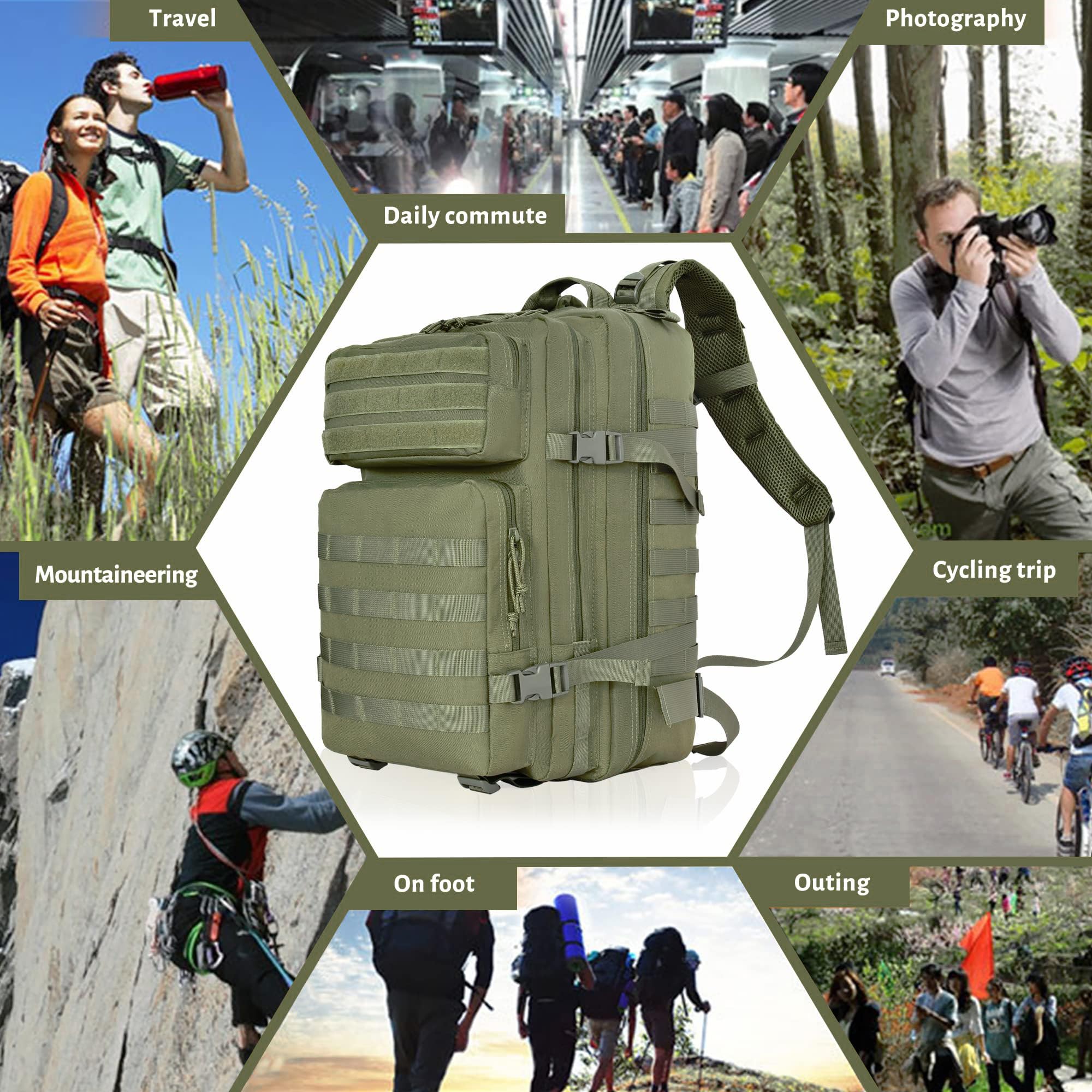 Mochila táctica militar, paquete grande de 3 días de asalto 45L, equipo para transportar carga, ligero y modular (personalizable), Verde, L 6