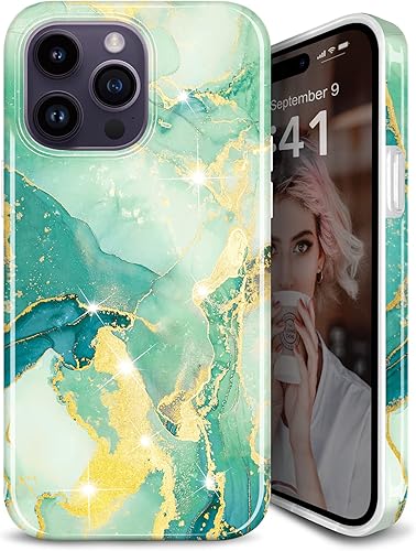 JIAXIUFEN Funda diseñada para iPhone 14 Pro Max, funda dorada con purpurina de mármol, delgada, a prueba de golpes, funda de silicona de goma suave