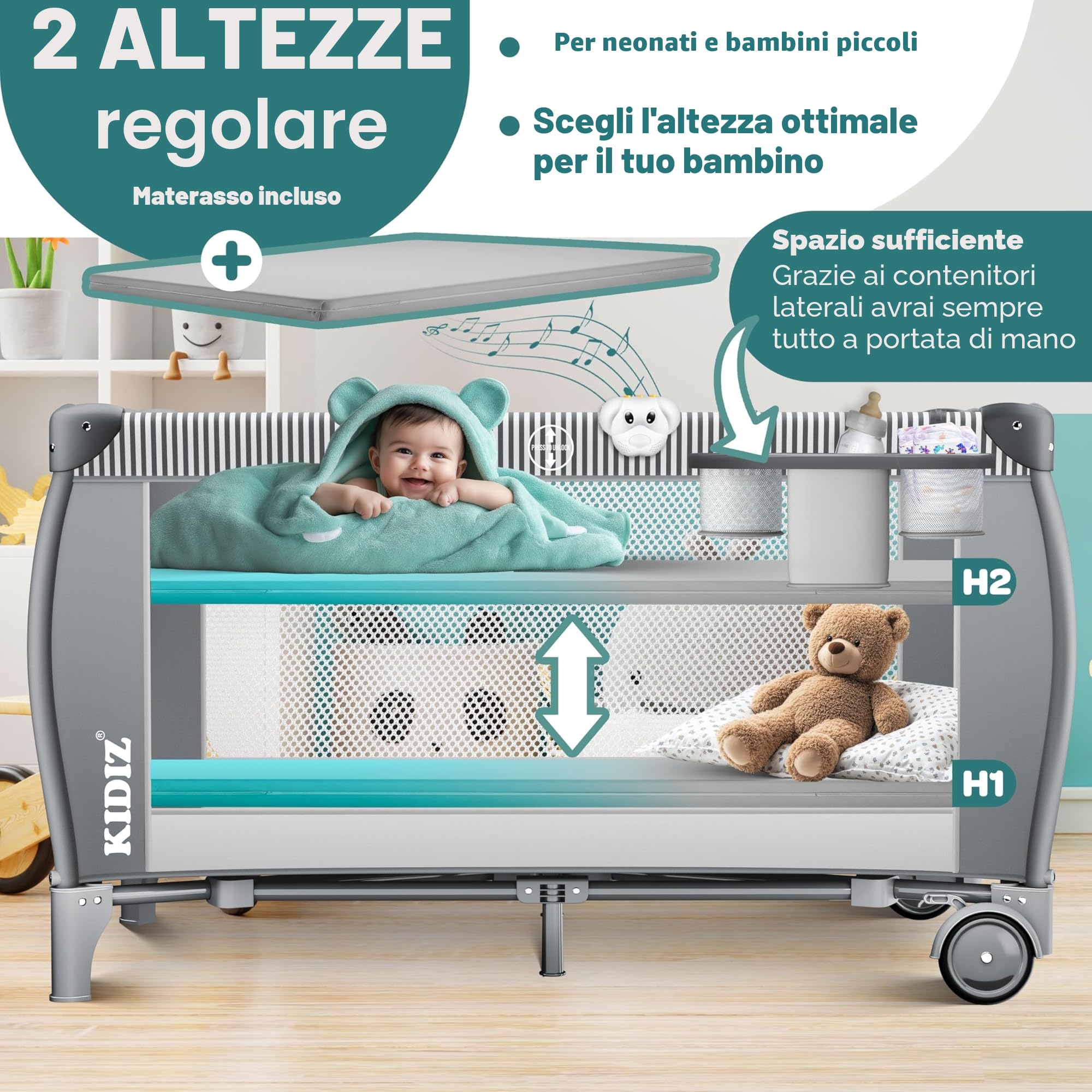 KIDIZ® Lettino per bambini 3in1, Lettino da viaggio, Set - Lettino con fasciatoio, Zanzariera, Pareti laterali aerate, Navicella, pieghevole, fino a 15 kg, Grigio