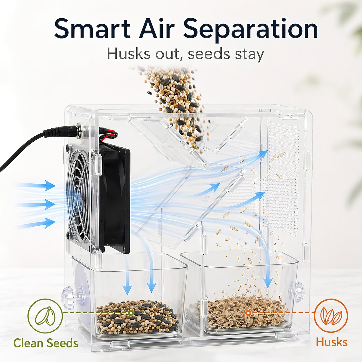 THOUSANDSUNNY Bird Grain Shell Blowing Machine, Adjustable Speed Fan Electric Bird Seed Cleaner with Food Shell Collection Boxes for Home