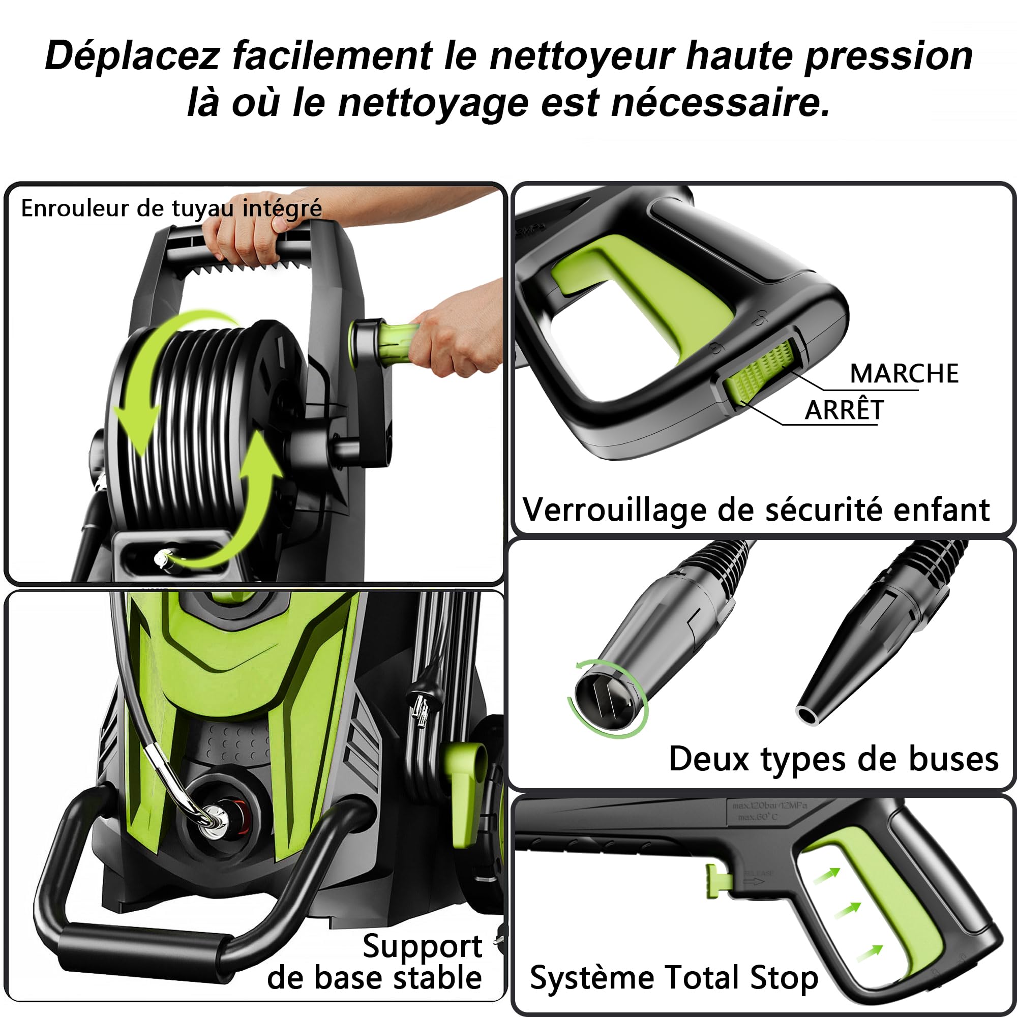 2026NEW Nettoyeur Haute Pression 145 Bar, Débit 420 l/h, avec Enrouleur de Tuyau, Canon à Mousse 500 ML et Buse 6-en-1 Réglable, Rendement Jusqu'à 50 m²/h, pour Voiture, Terrasse et Jardin