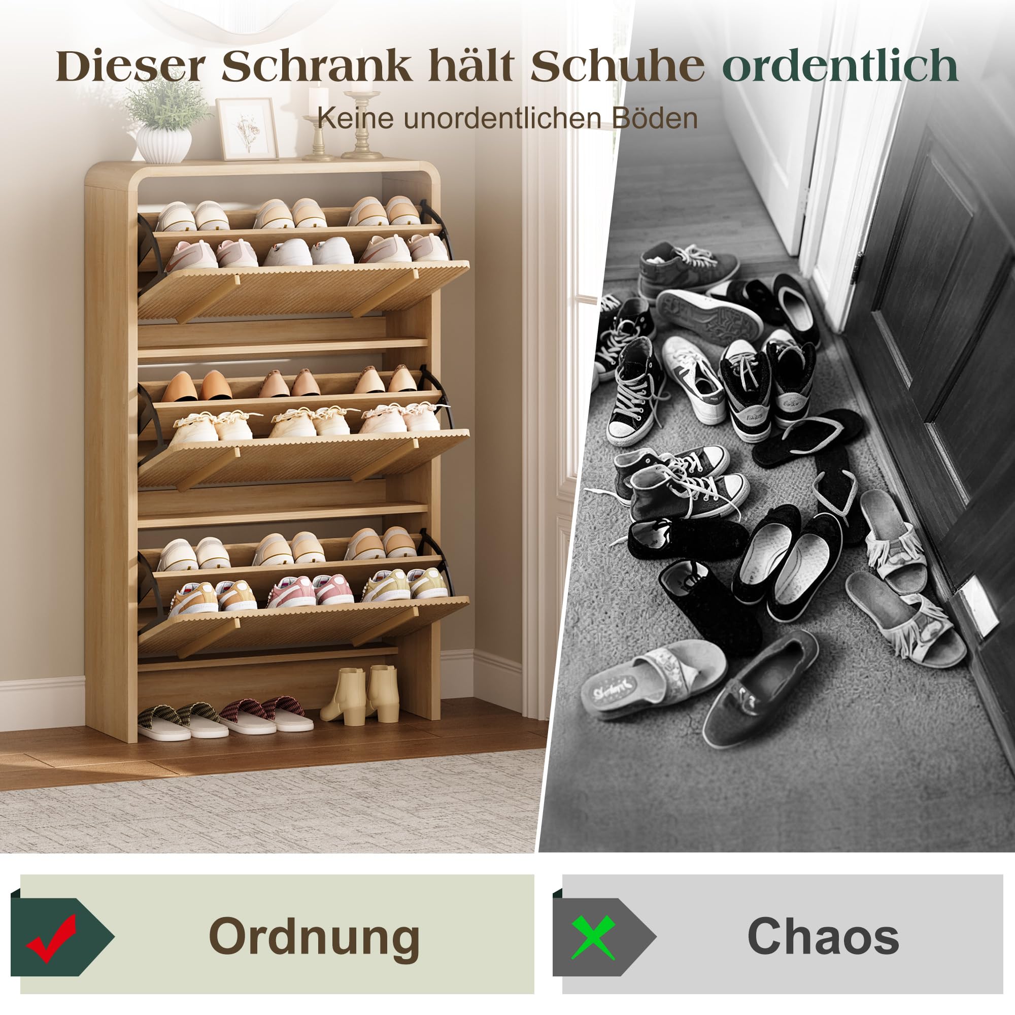 LUXOAK 120 cm Schuhschrank, 3 Klappen, verstellbare Fächer, Sonoma-Eiche | 18-21 Paar Schuhe, Fluted-Oberfläche, Kippsicherung, 25 cm Slim-Design, Schnelle Montage