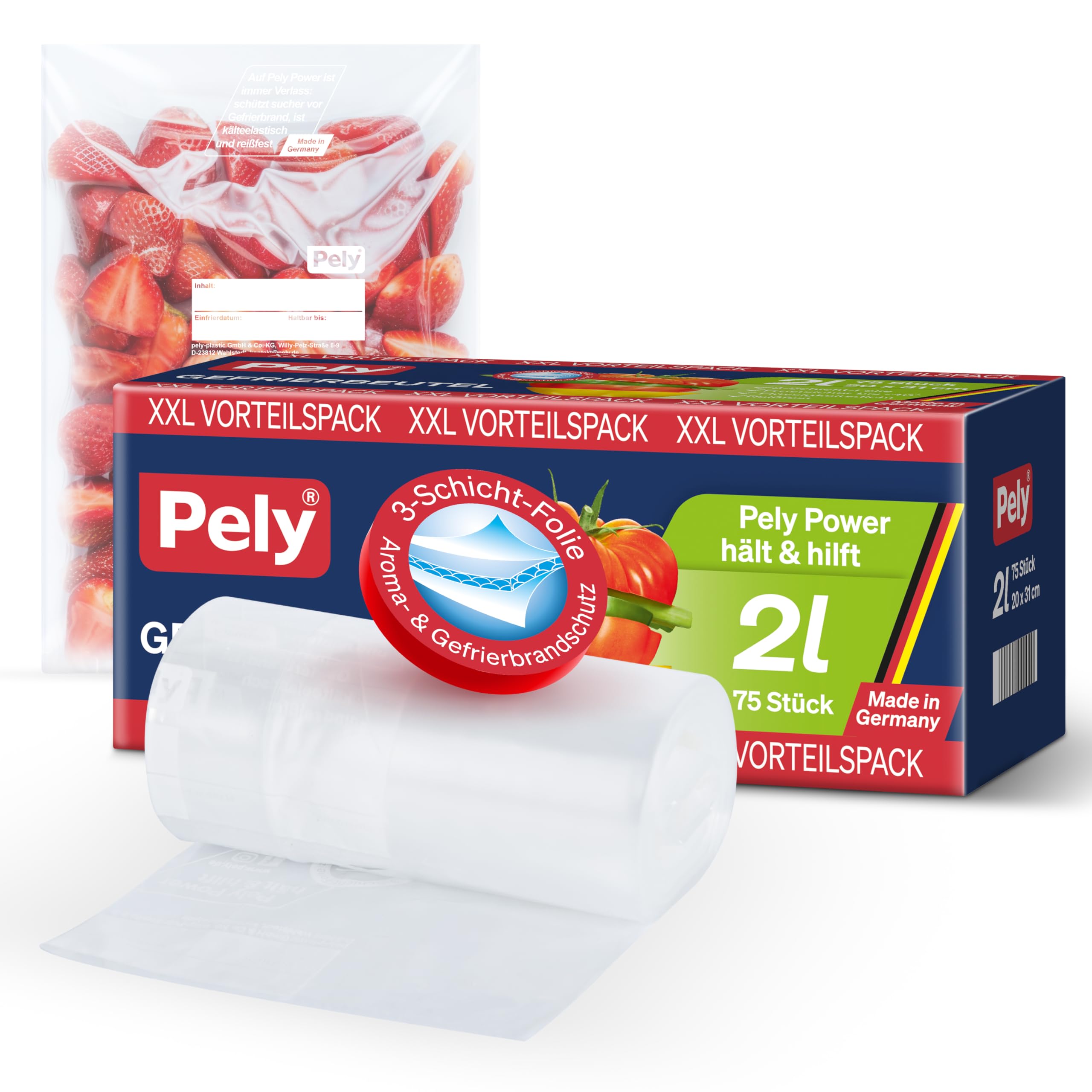 Pely Power Freezer Bags 2 Litres, Value Pack 75 Freezer Bags, Against Freezer Burn, All-Round Protection For Aroma And Flavour (2 Litres)