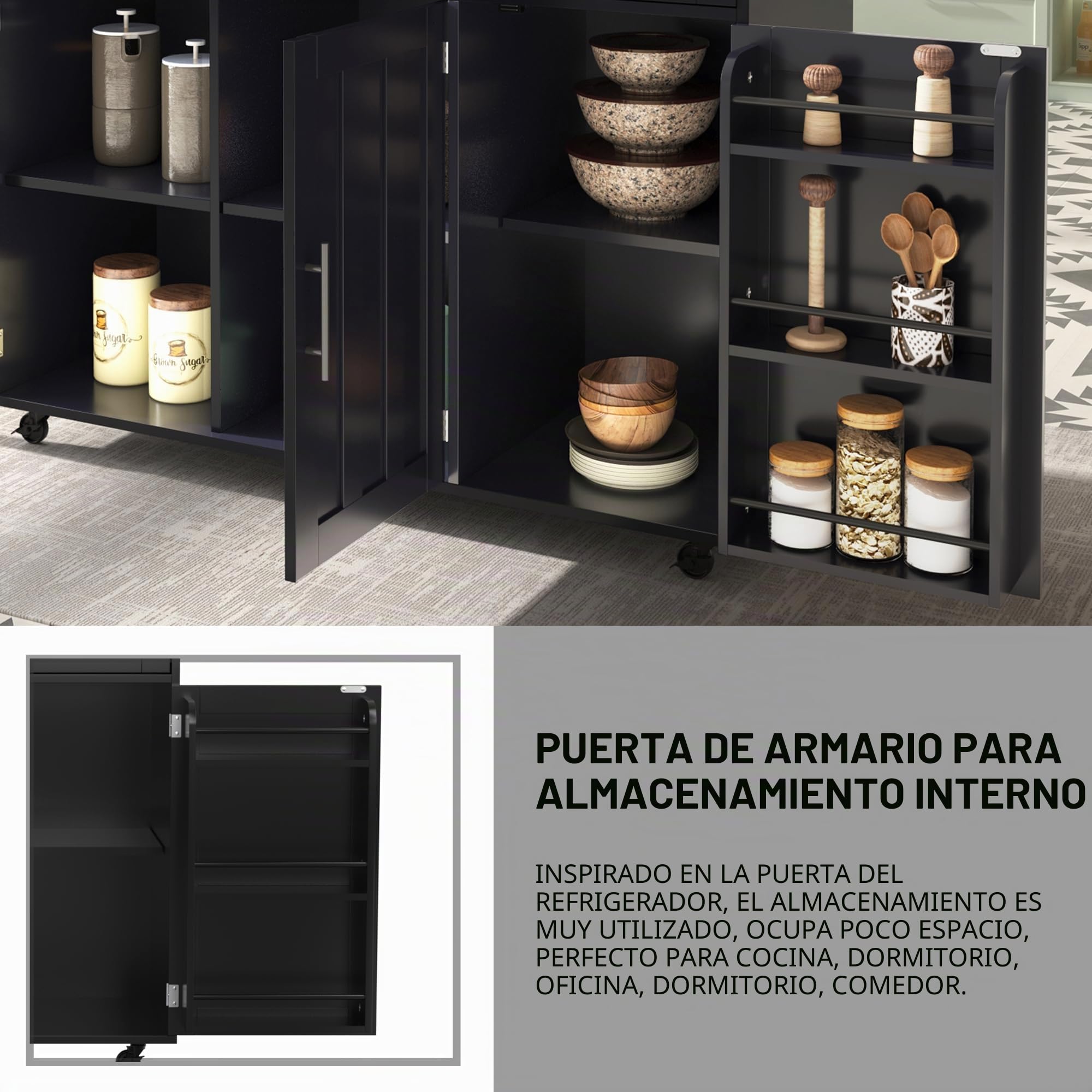 Sapgaks - Gran carro de servicio con mesa plegable, isla de cocina con toallero, 2 cajones, 3 compartimentos de almacenamiento, carro de cocina con 5 ruedas, armario de cocina, negro