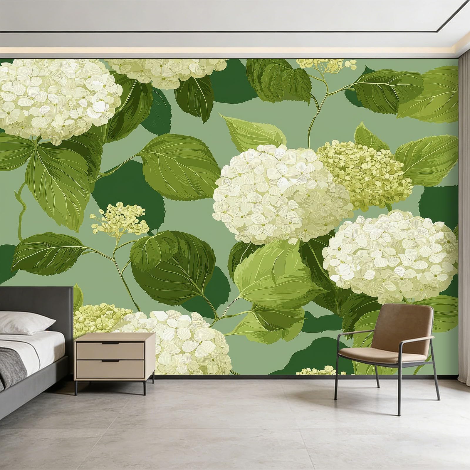 Liście hortensji, włóknina, fototapeta dla chłopców i dziewczynek, 500 x 280 cm, fototapety, do pokoju dziecięcego, salonu, sypialni, tapeta na flizelinie, tapeta ścienna, efekt 3D, zielona