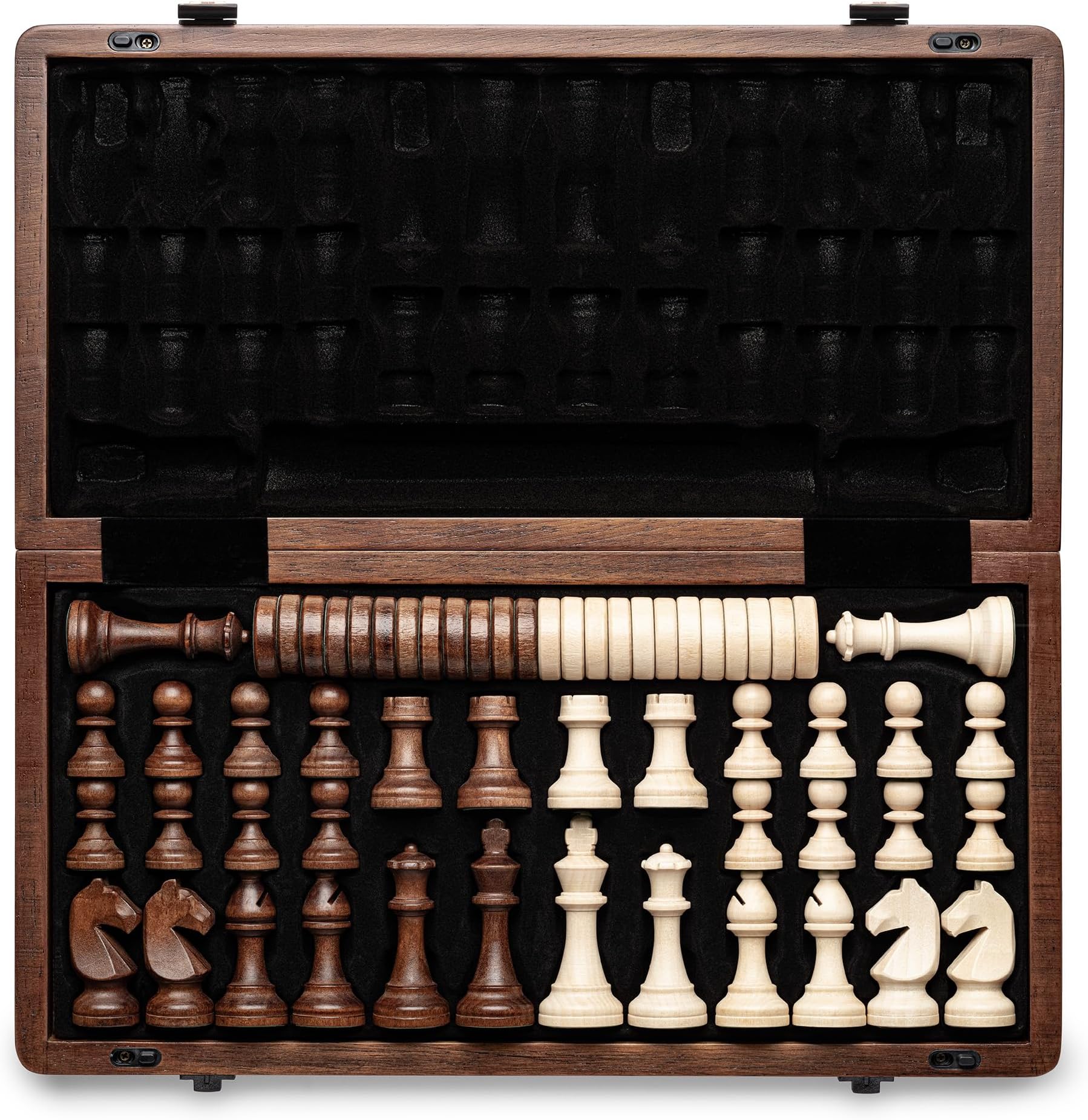 A&A 15 inch Wooden Folding Chess & Checkers Set w/ 3 Inch King Height Staunton Chess Pieces / 2 Extra Queens…