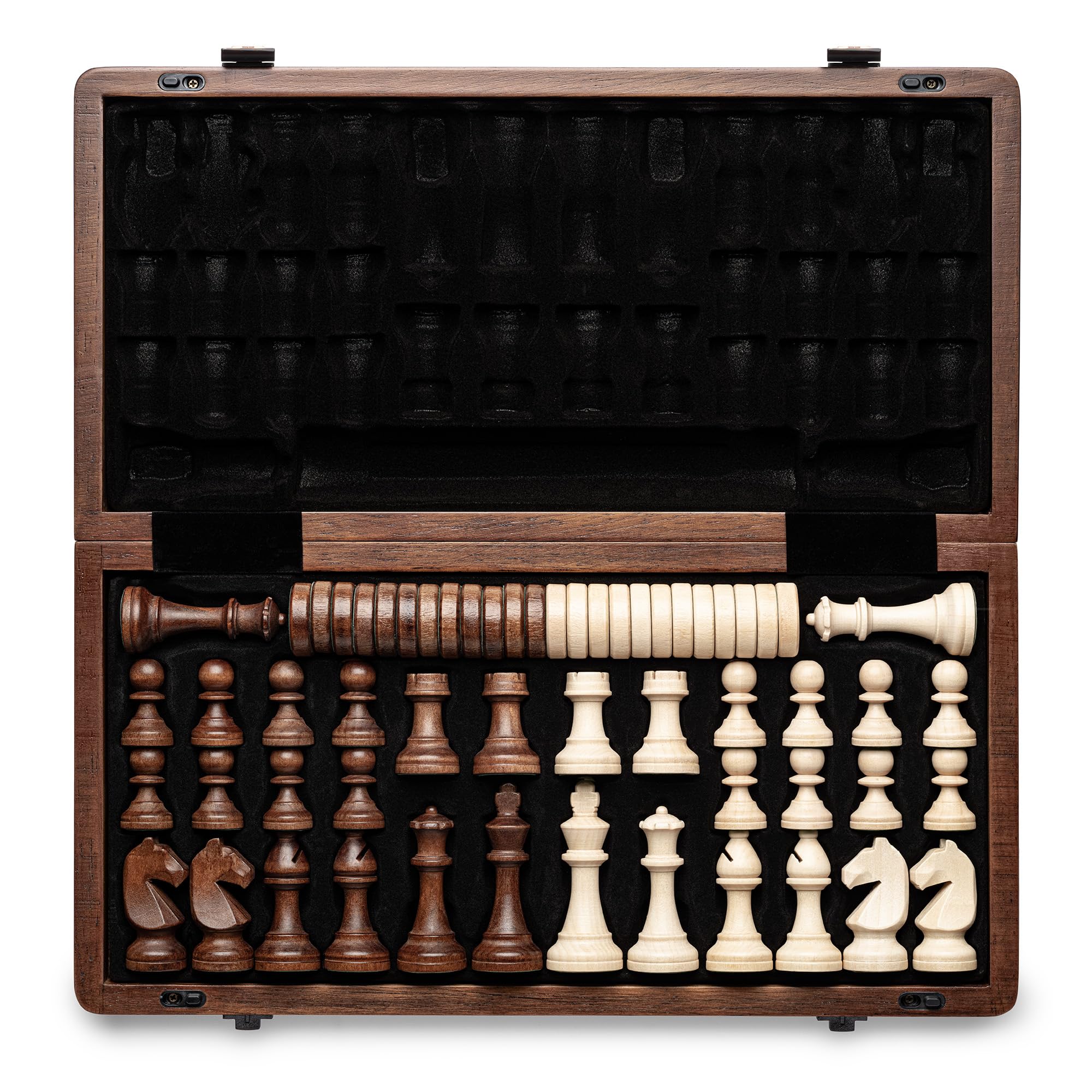 A&A 38 cm drewniane składane szachy i warcaby zestaw z 7 cm King Height Staunton Chess Pieces / 2 Extra Queens