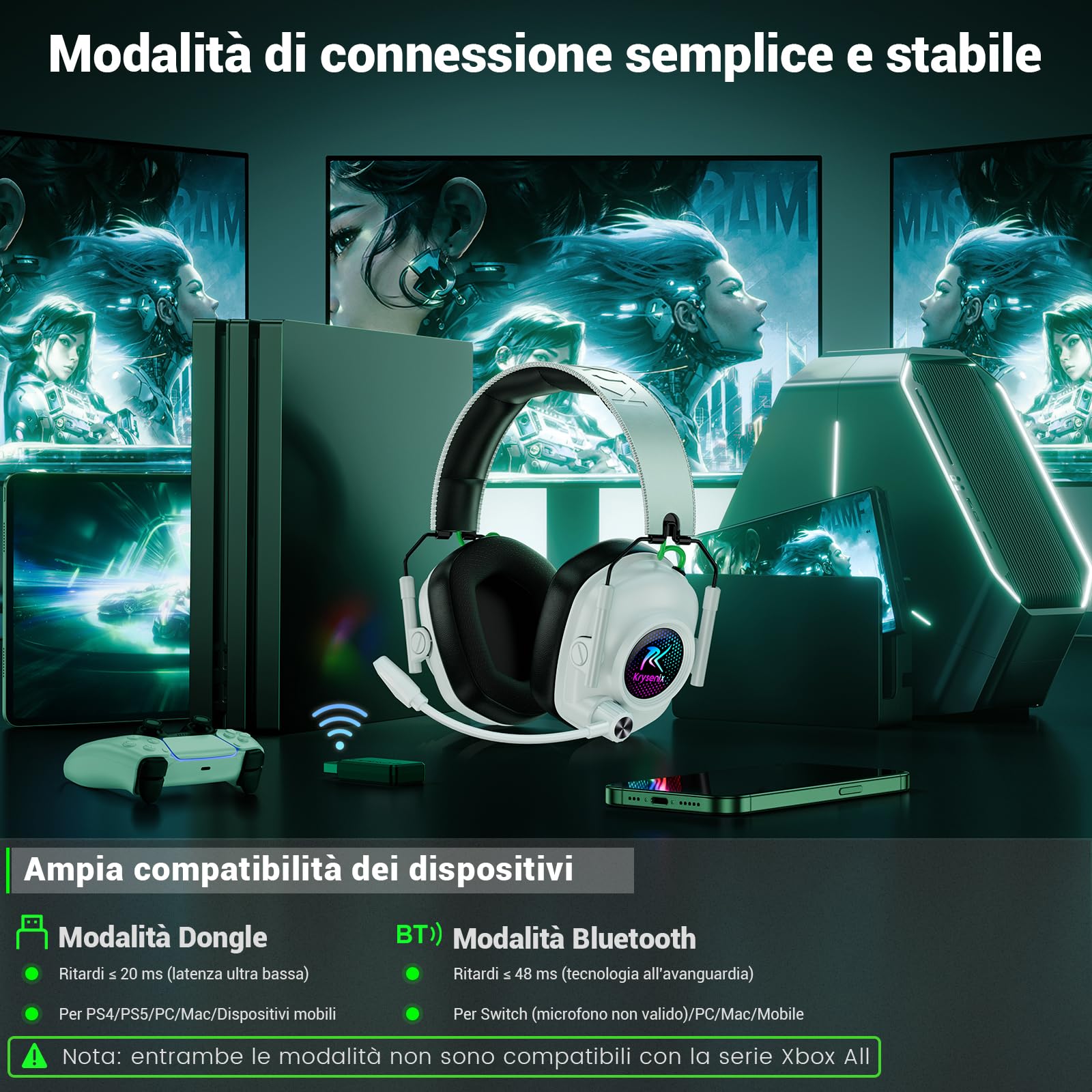 Krysenix Cuffie Gaming Wireless per PS5, PS4, PC, Mac, Switch, 2.4GHz Cuffie Bluetooth con con Microfono Antirumore, 40H di Autonomia cuffie wireless, Luce LED, Bianco Puro
