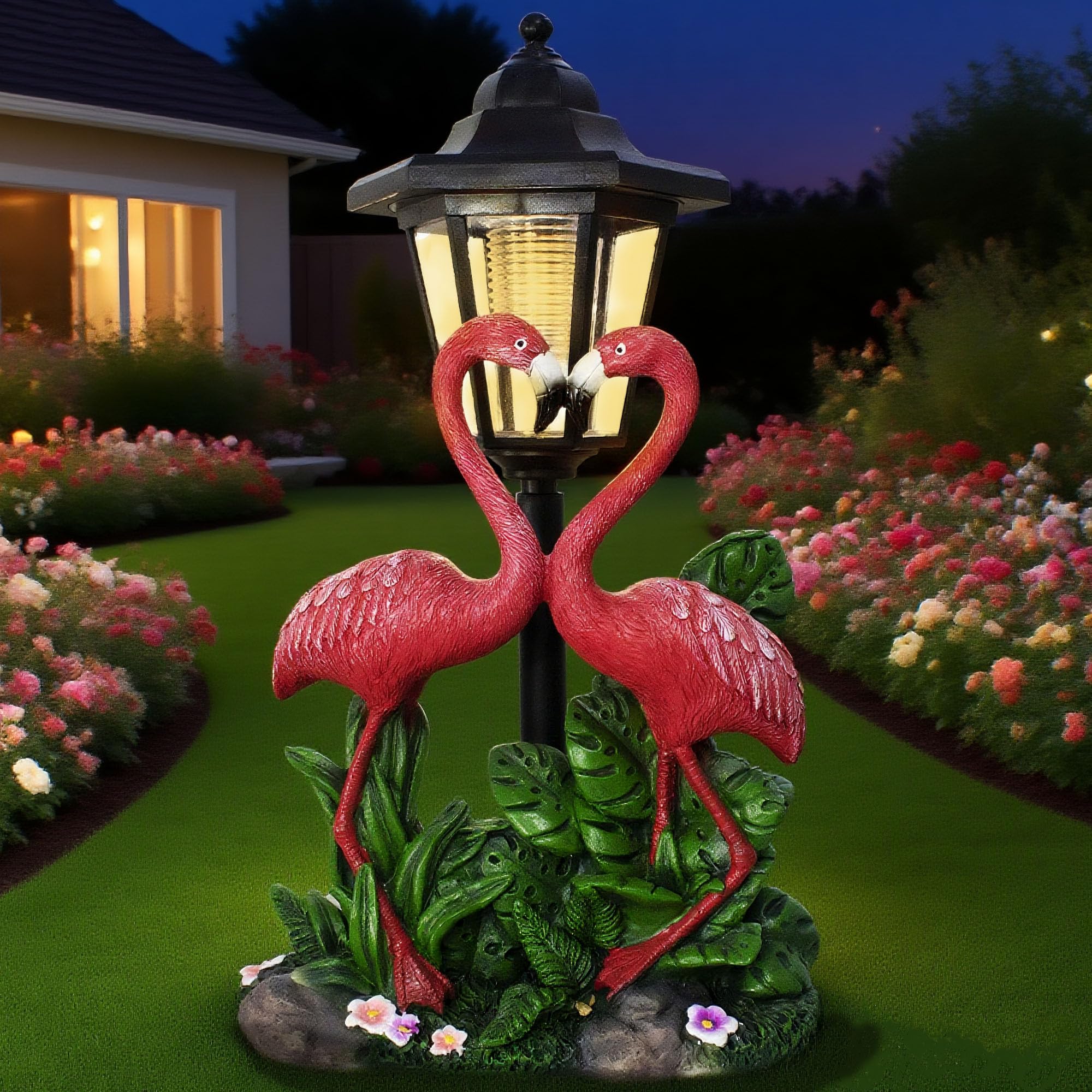 Statua da giardino a forma di fenicottero con lanterna solare, unica a doppia testa, regalo per donne, mamme, amanti, per esterni, cortile, patio, balcone