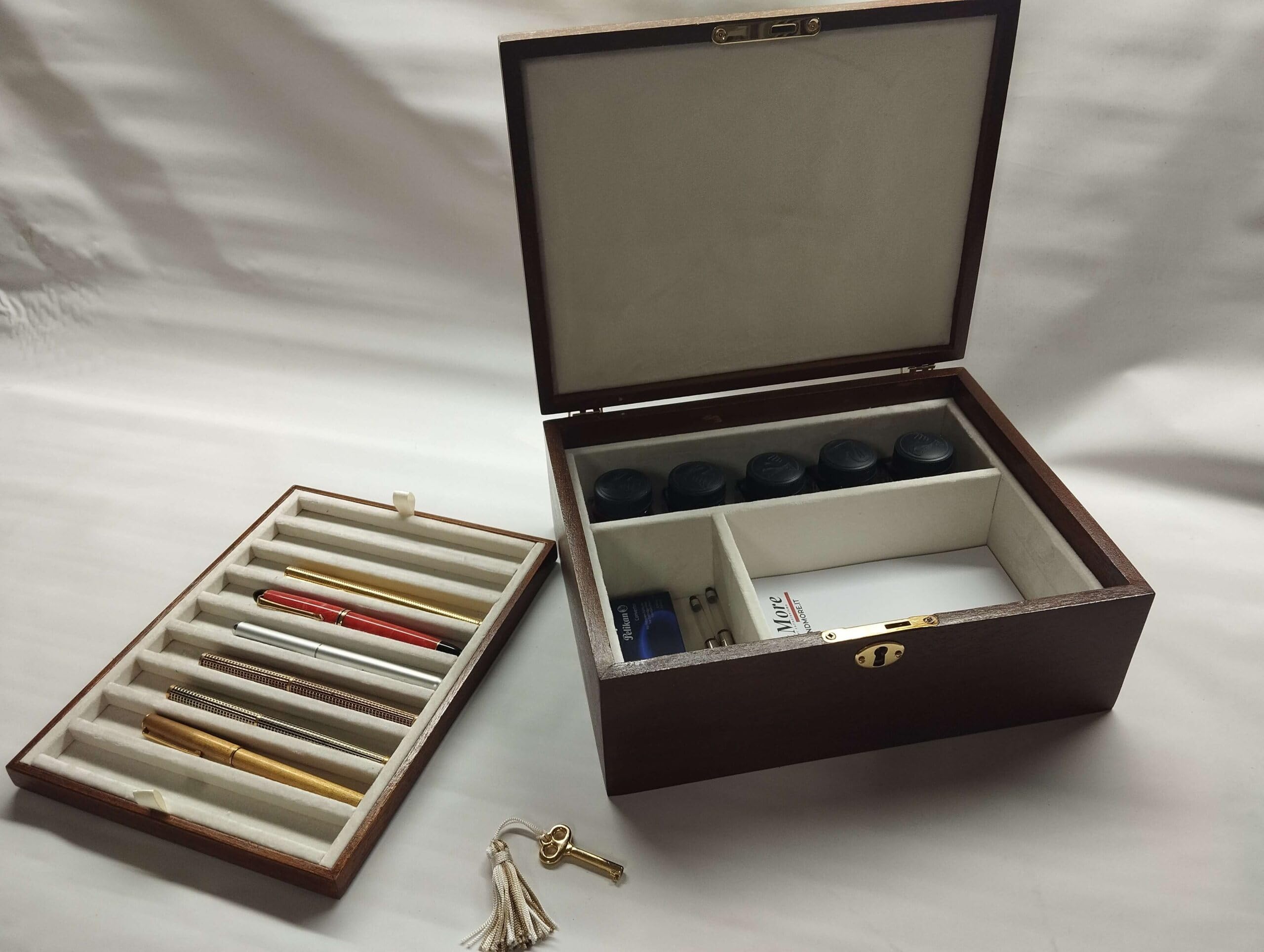 Plumier en bois de bouleau fait main, coffret pour stylos plume avec plateau amovible, 9 compartiments et velours intérieur, artisanat italien